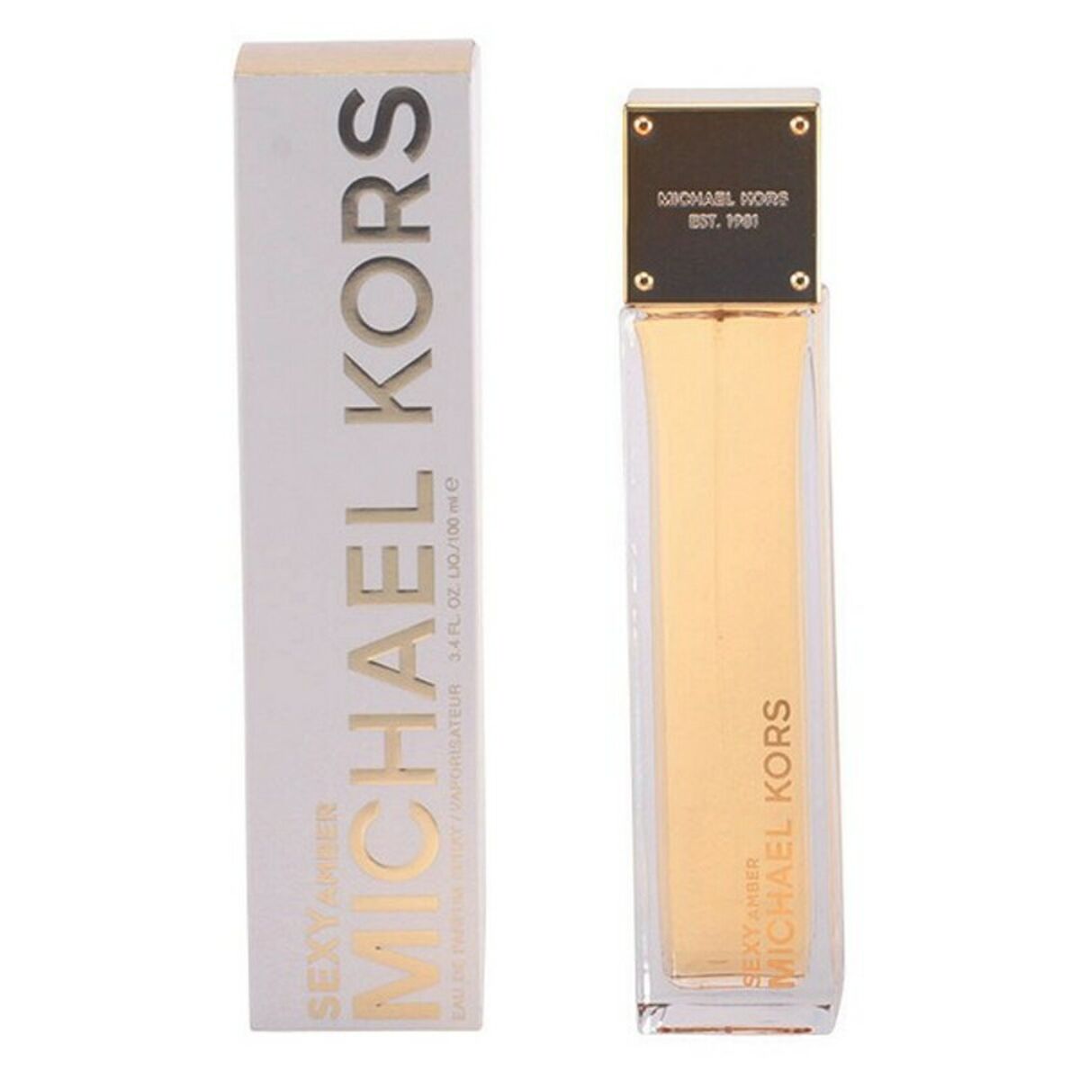 Tall, rectangular perfume bottle with gold cap next to white box, bold gold text reads "Michael Kors."