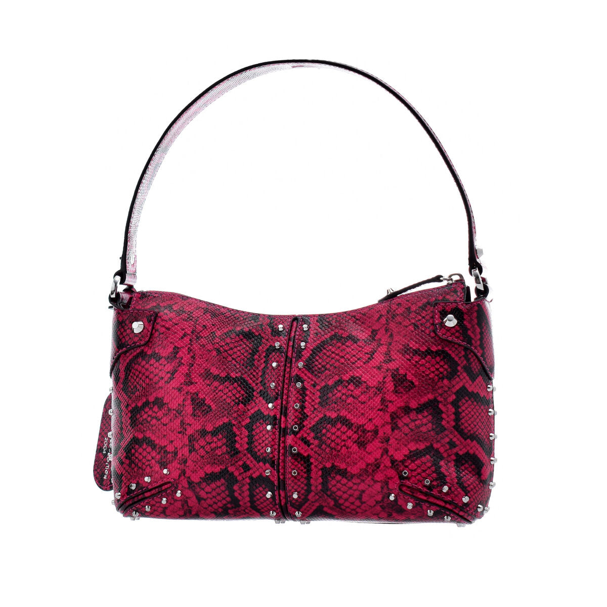 Red snake-print handbag with silver studs and a curved handle.