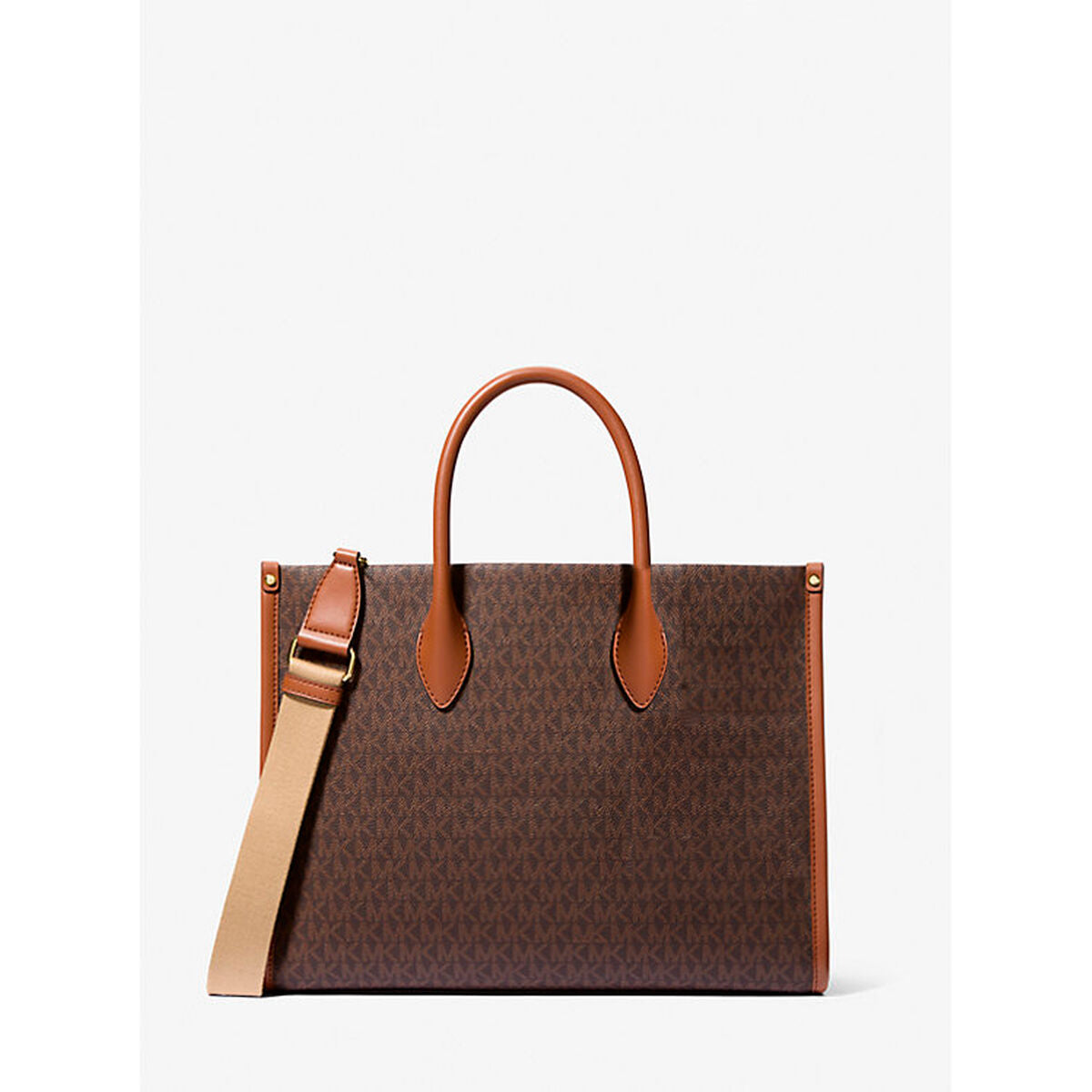 Brown tote bag with leather handles, logo print, and adjustable beige strap on a plain background.