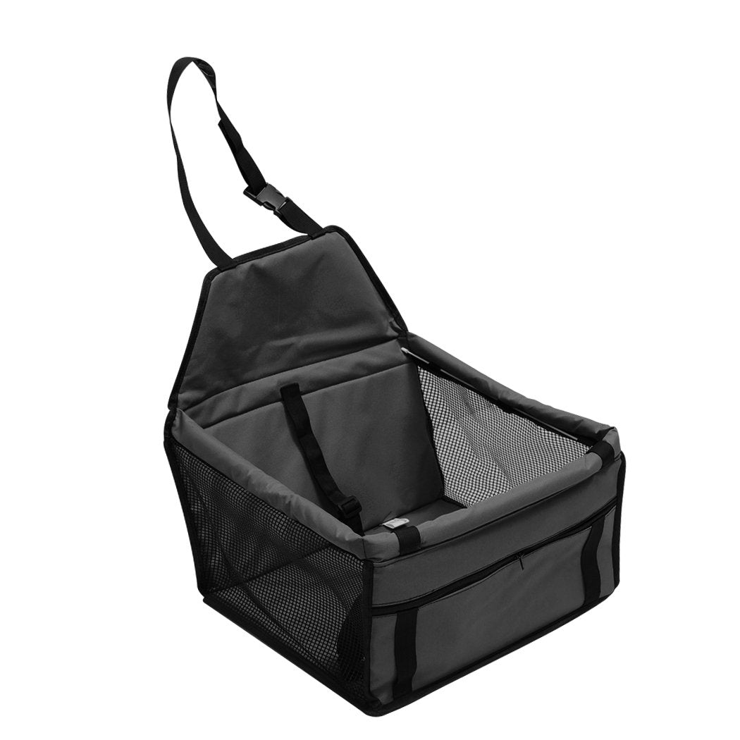 Gray pet car seat with mesh sides, safety straps, and adjustable harness in a rectangular shape.