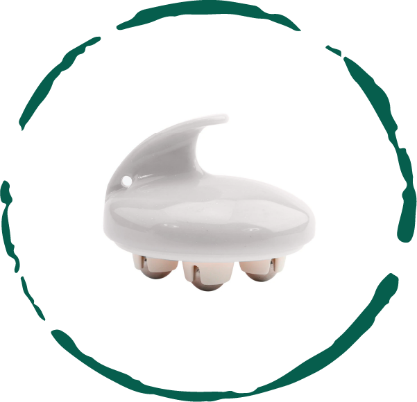 White handheld massager with three beige rollers, curved top handle, and hole for hanging.