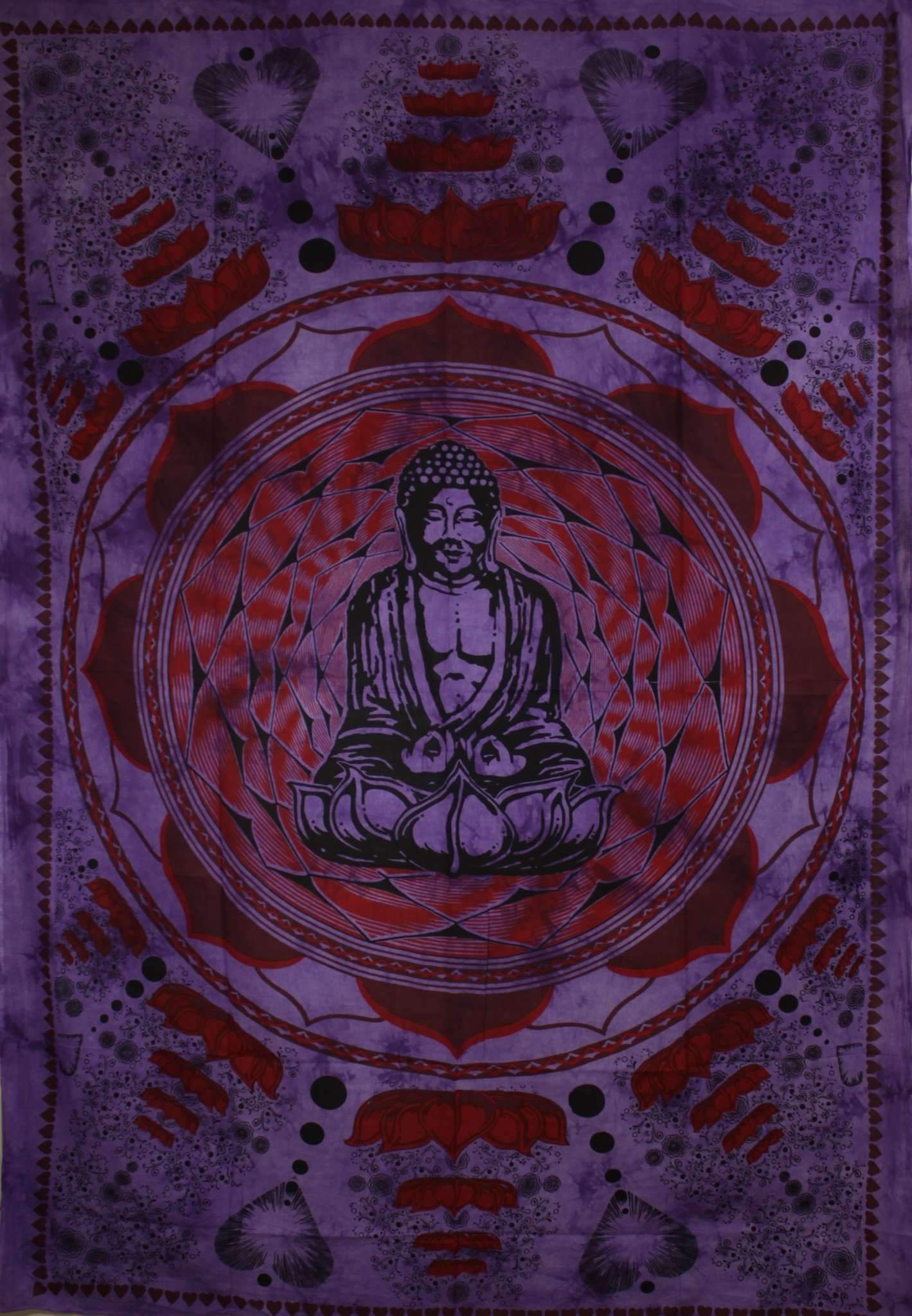 Purple tapestry with a centered black Buddha figure, surrounded by red lotus patterns and ornate designs.
