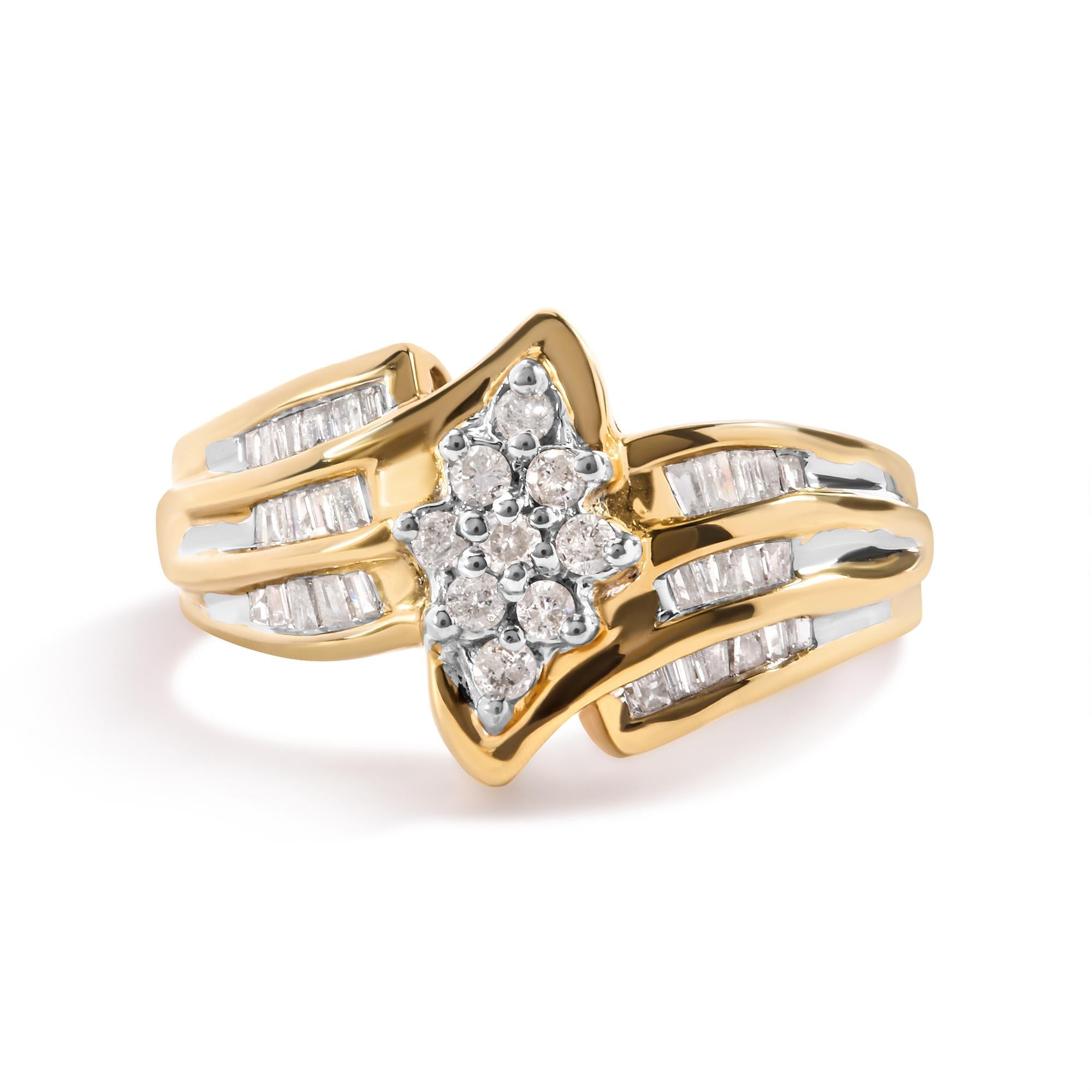 Gold ring with a diamond cluster in a star shape; split band with baguette-cut diamonds.