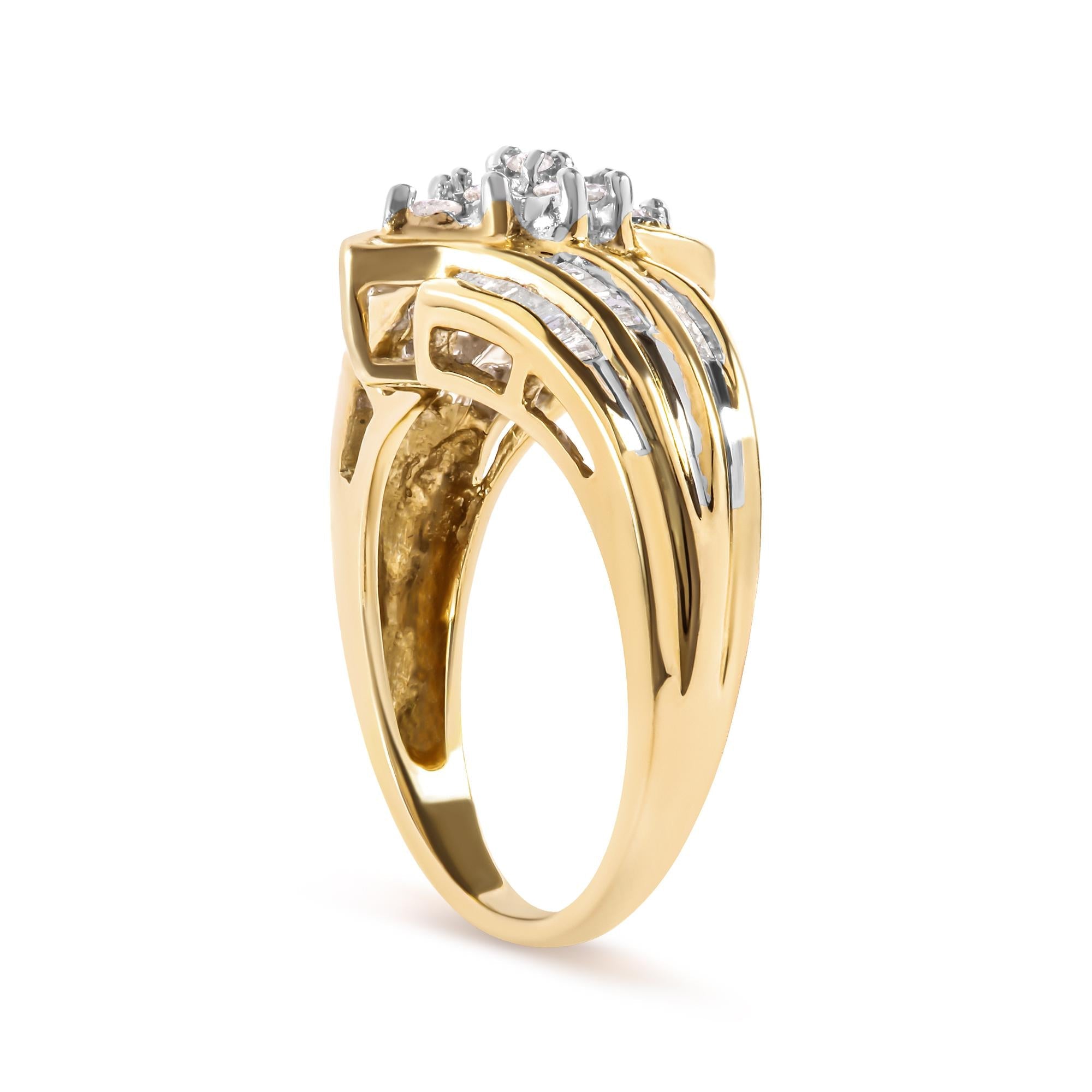 Gold ring with layered design, showcasing multiple small sparkling diamonds on top.