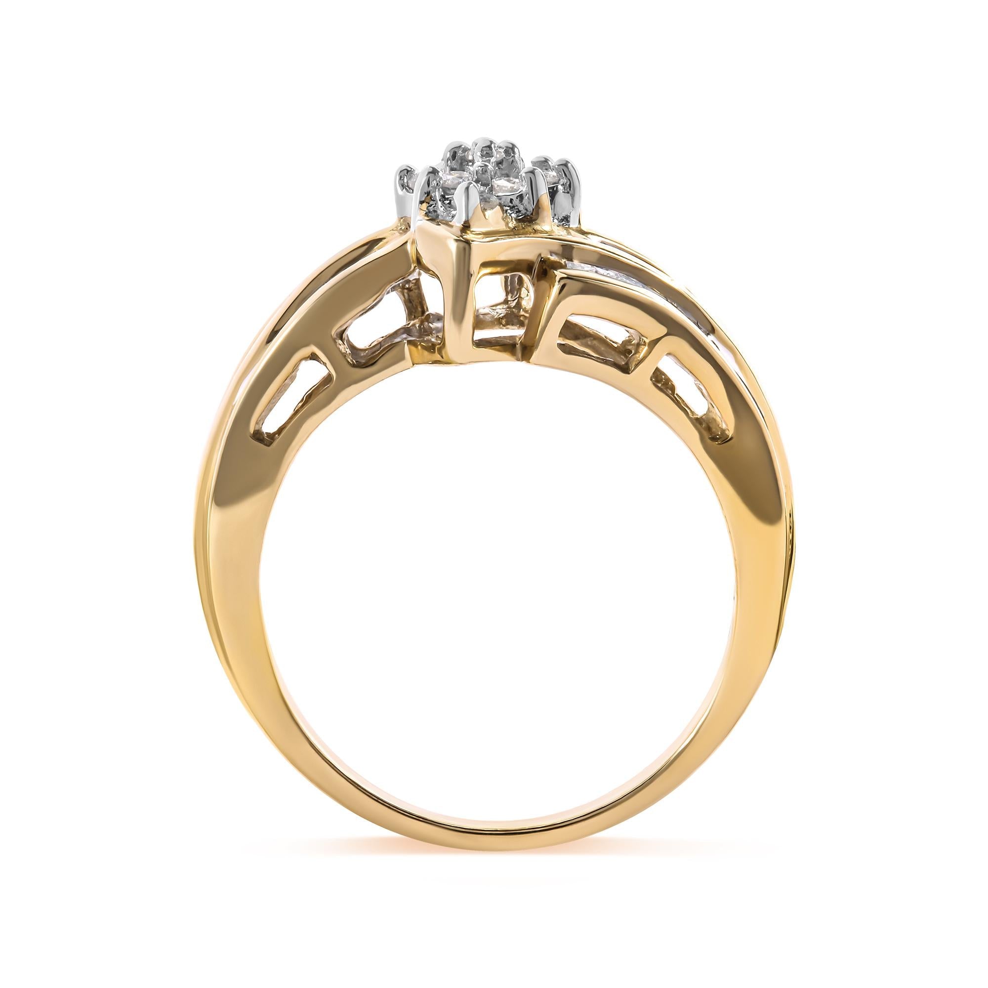 Gold ring with an ornate design holds a cluster of small diamonds atop a white setting.