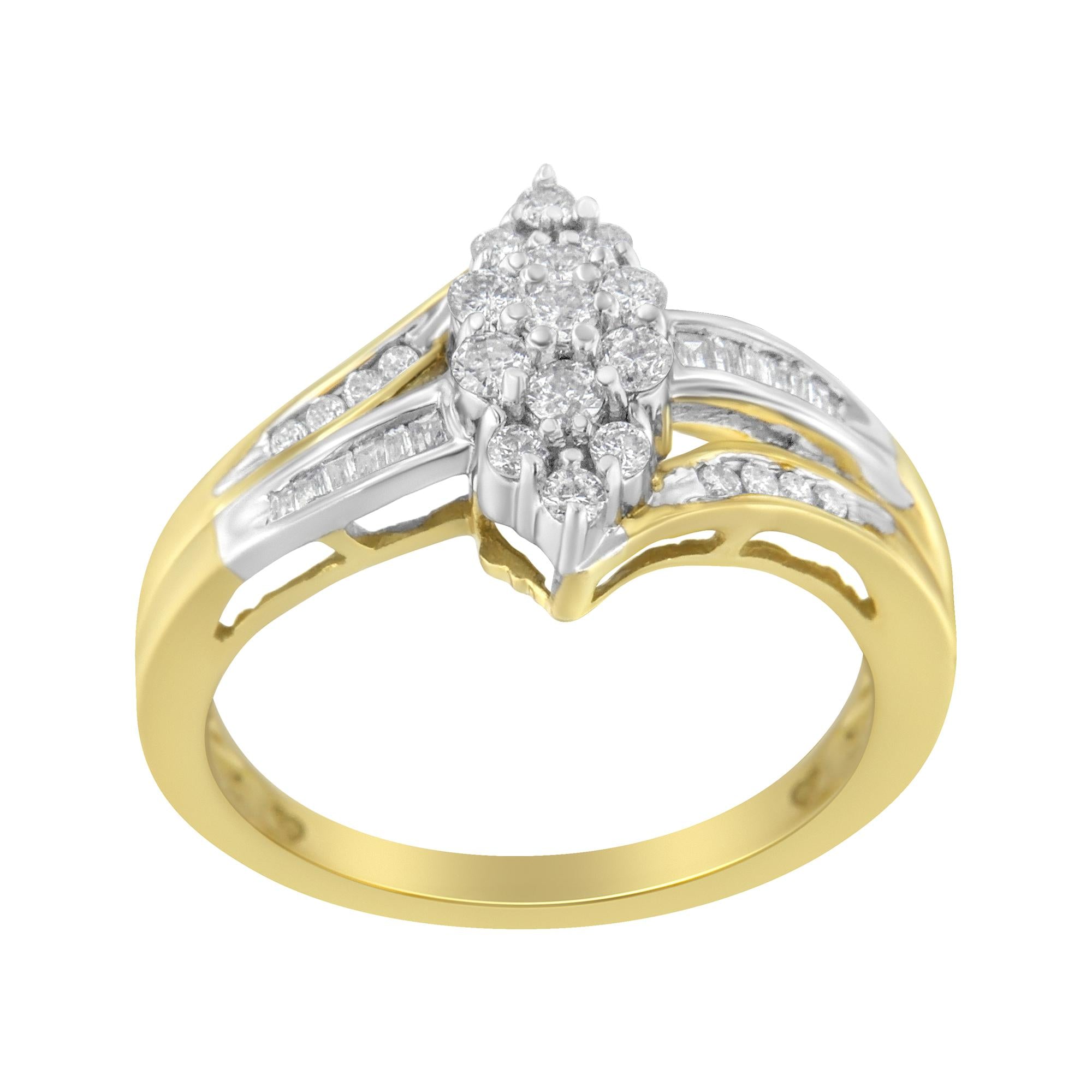 Gold ring with white diamond cluster, split shank design, and varied diamond cuts.