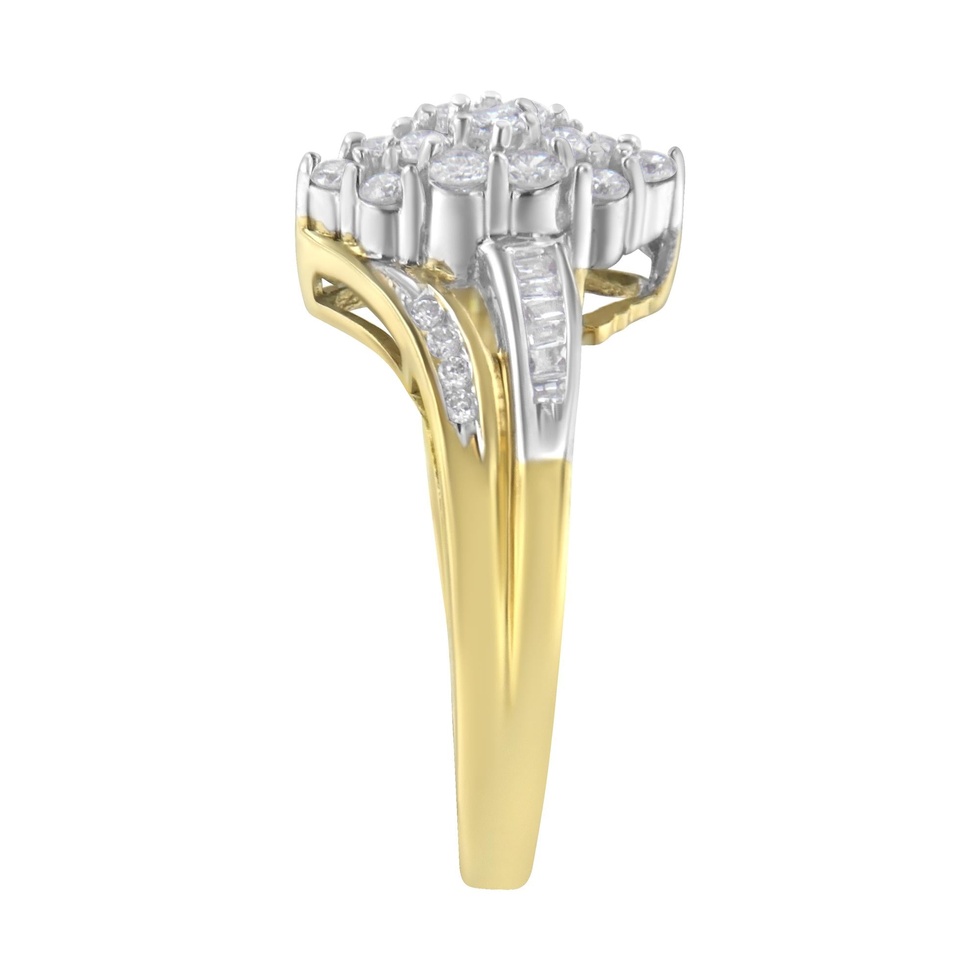 Gold ring with a raised cluster of diamonds and white gold detailing on the band.