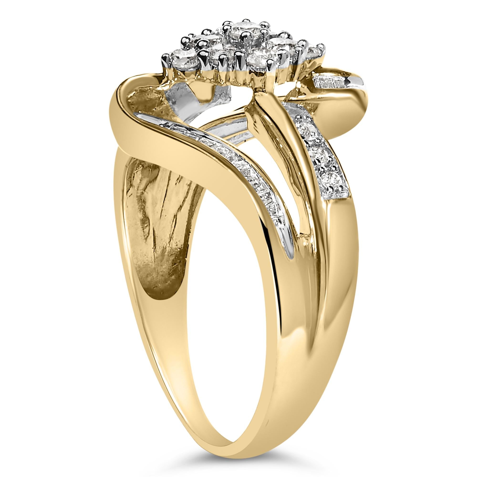 Gold ring with intertwined bands, adorned with small sparkling diamonds on top and sides.