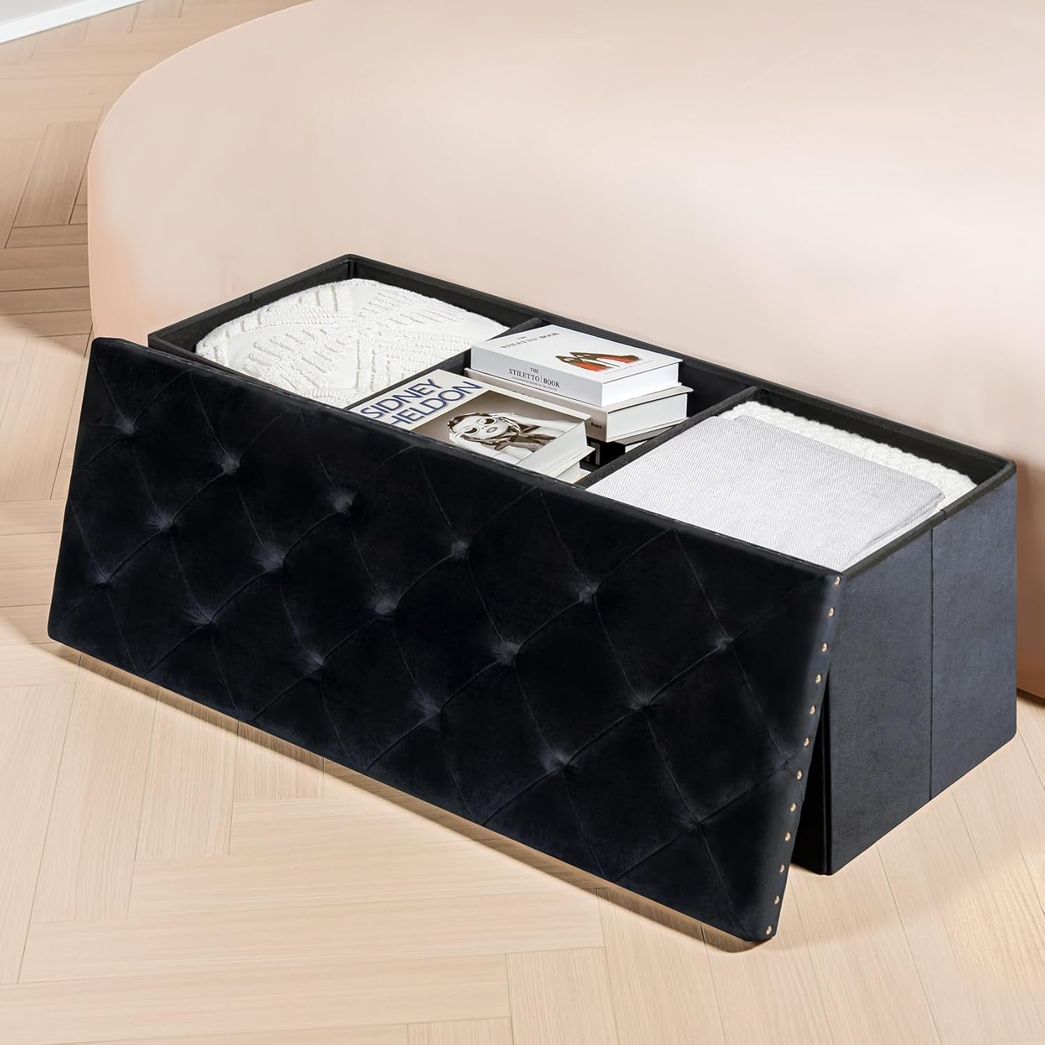 Jet Black Storage Ottoman Bench Seat 43.3 Inch Length-3