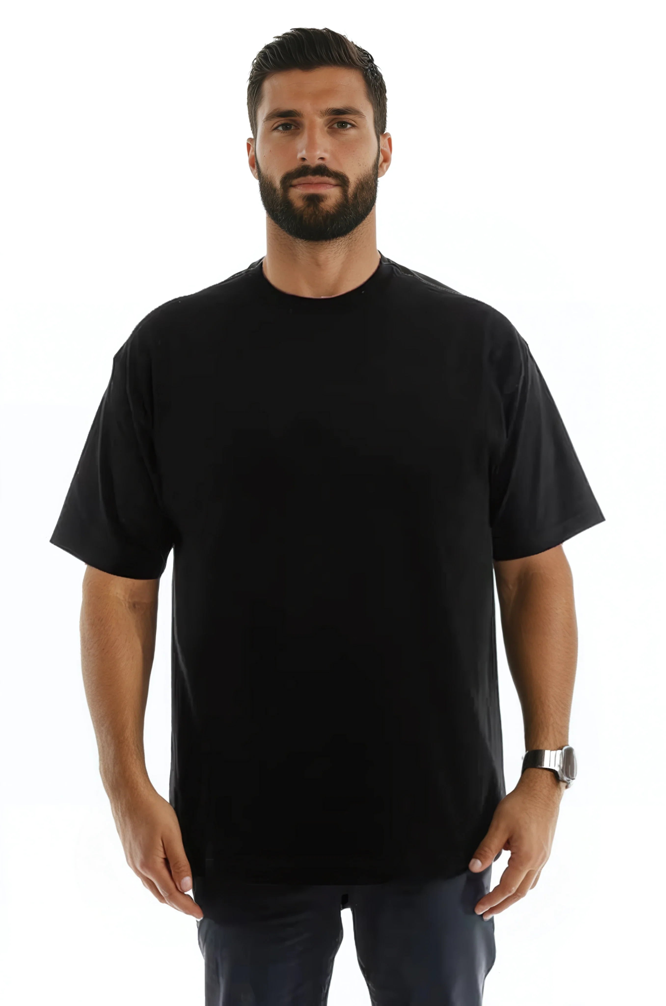 Man wearing a black T-shirt and watch, with a white background.