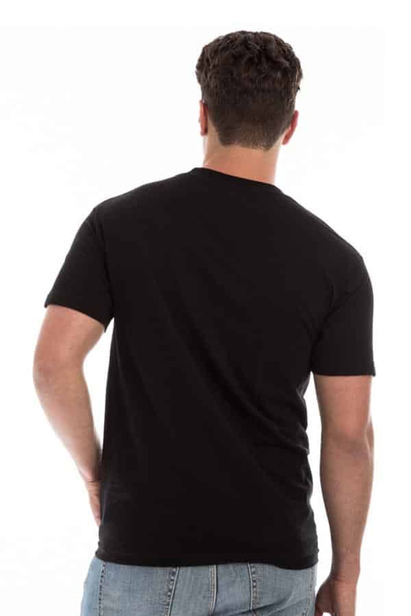 Man in a black T-shirt and blue jeans, standing with back to camera on a plain white background.