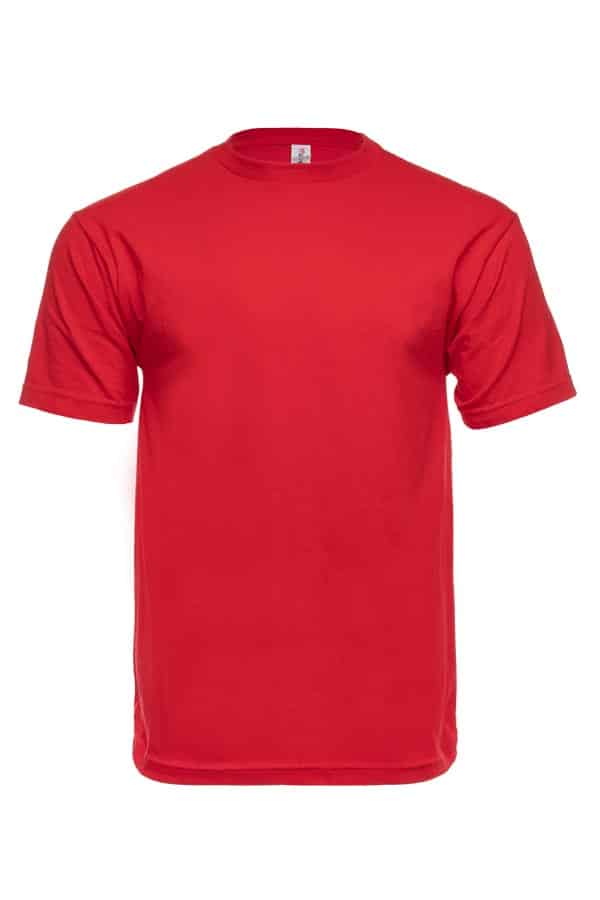 Red short-sleeve T-shirt with a round neck, shown on a white background.