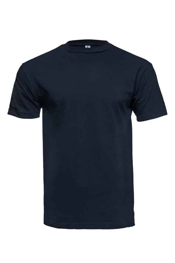 Plain dark navy blue T-shirt with a round neckline and short sleeves.