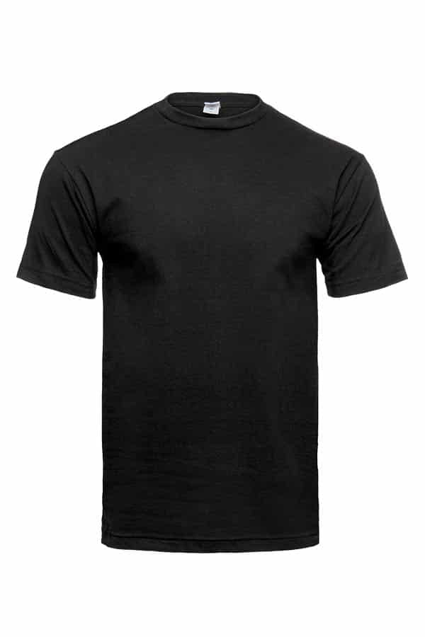 Plain black t-shirt with short sleeves and a crew neck, displayed on a white background.