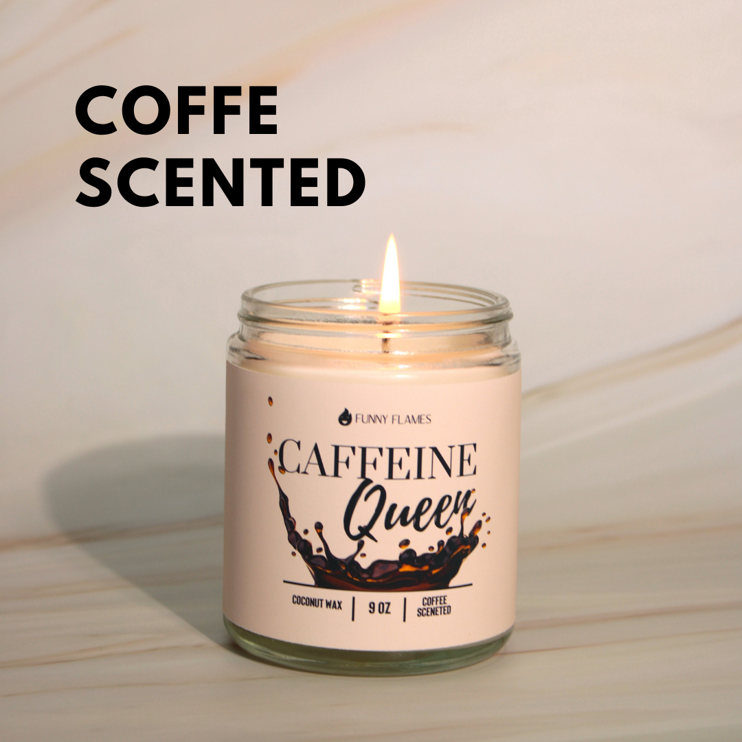 Lit candle in a glass jar labeled "Caffeine Queen," with "Coffee Scented" text above.