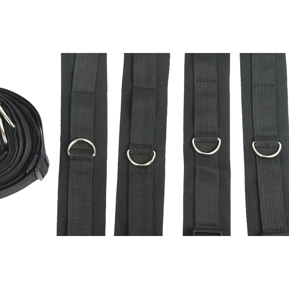 Four black straps with metal D-rings and one rolled strap with metal hooks on the left.