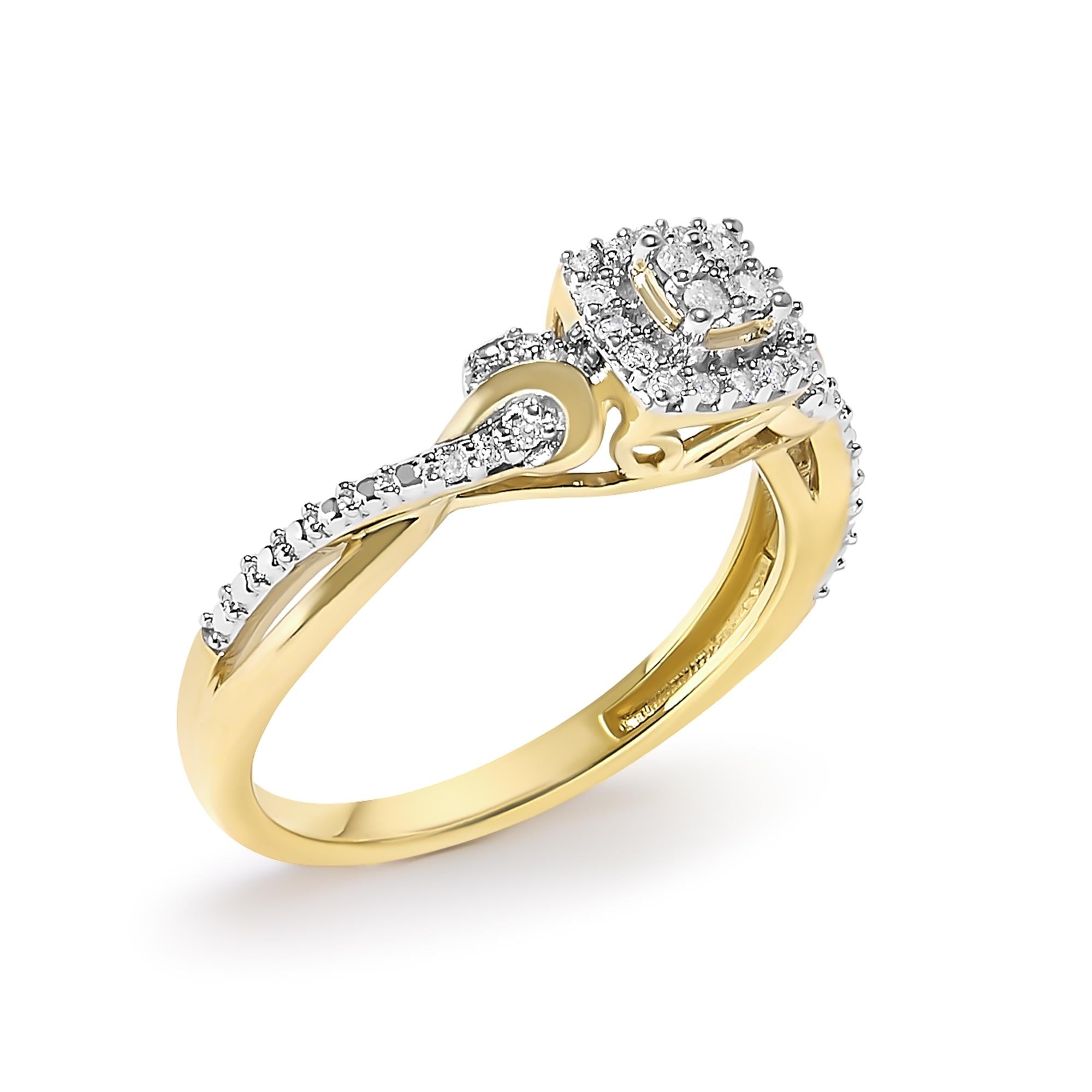 Gold ring with intricate design, adorned with numerous small diamonds and a cluster setting.