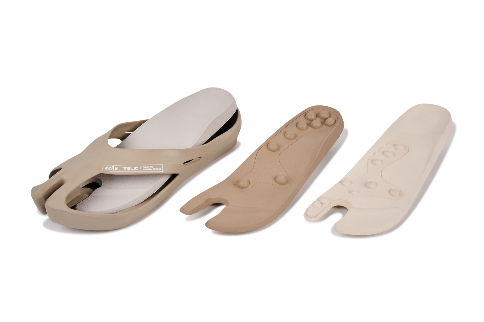 Beige ergonomic sandals with detachable insoles, featuring toe separators and foot massage dots.