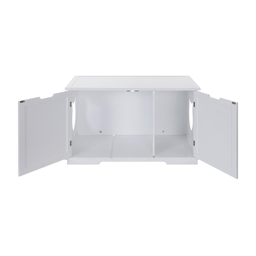 White cabinet with two open doors, reveals shelving and a smooth top surface.