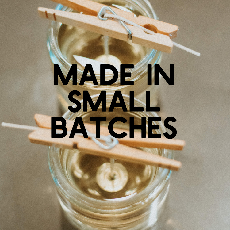 Clothespins balance on jars of wax with "Made in Small Batches" text overlay.