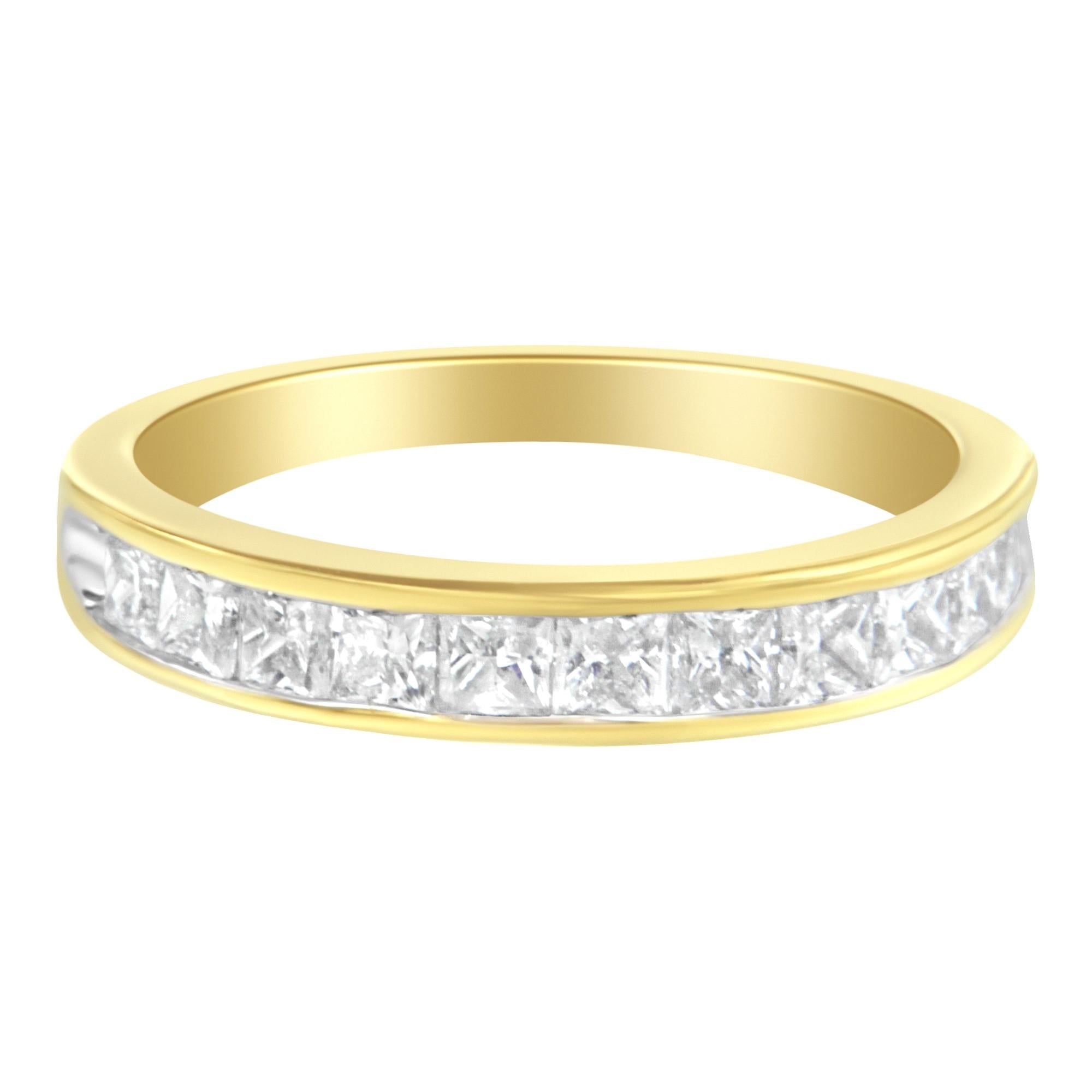 Gold band with embedded clear square-cut gemstones encircling the ring.