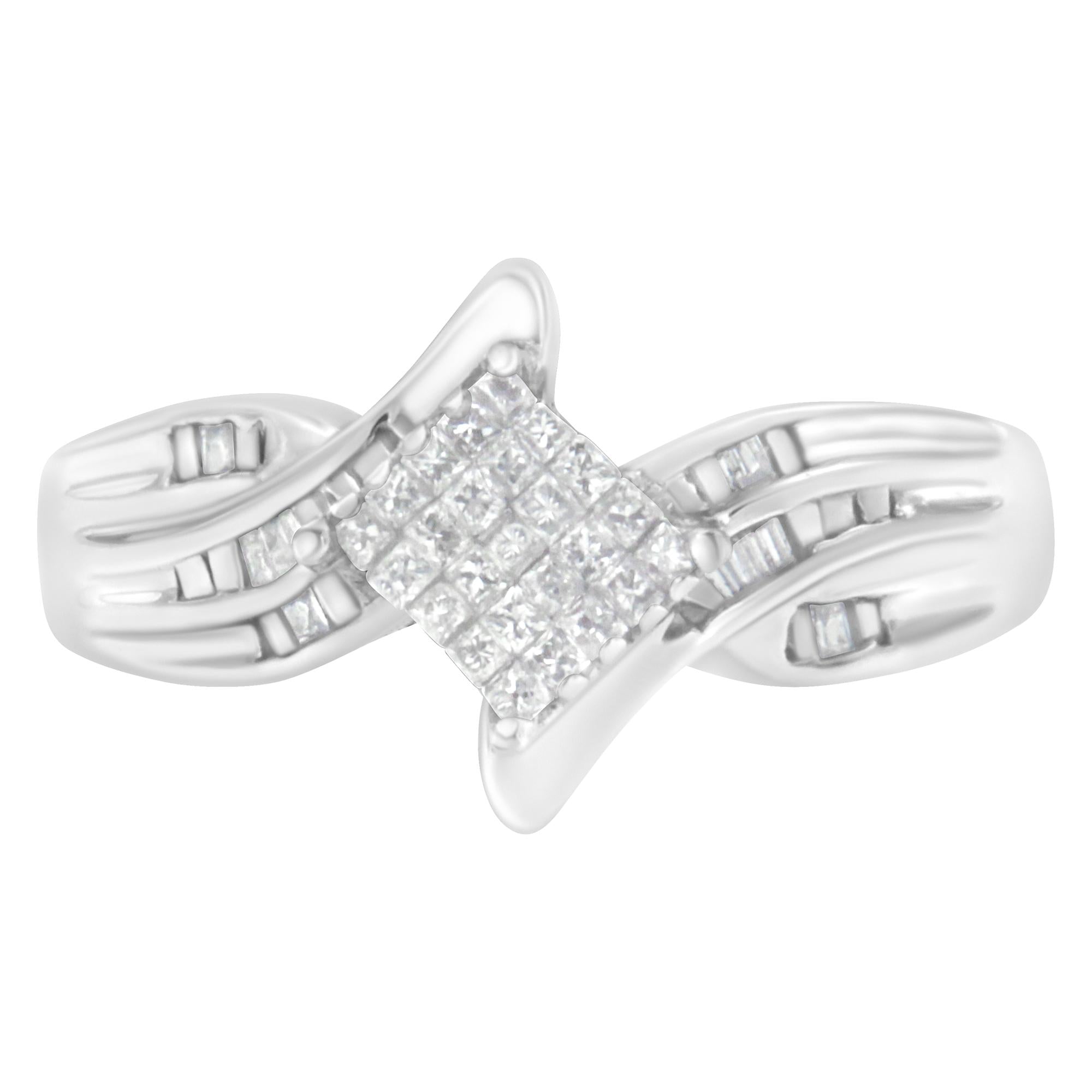 Silver ring with a square diamond cluster and swirling band design.