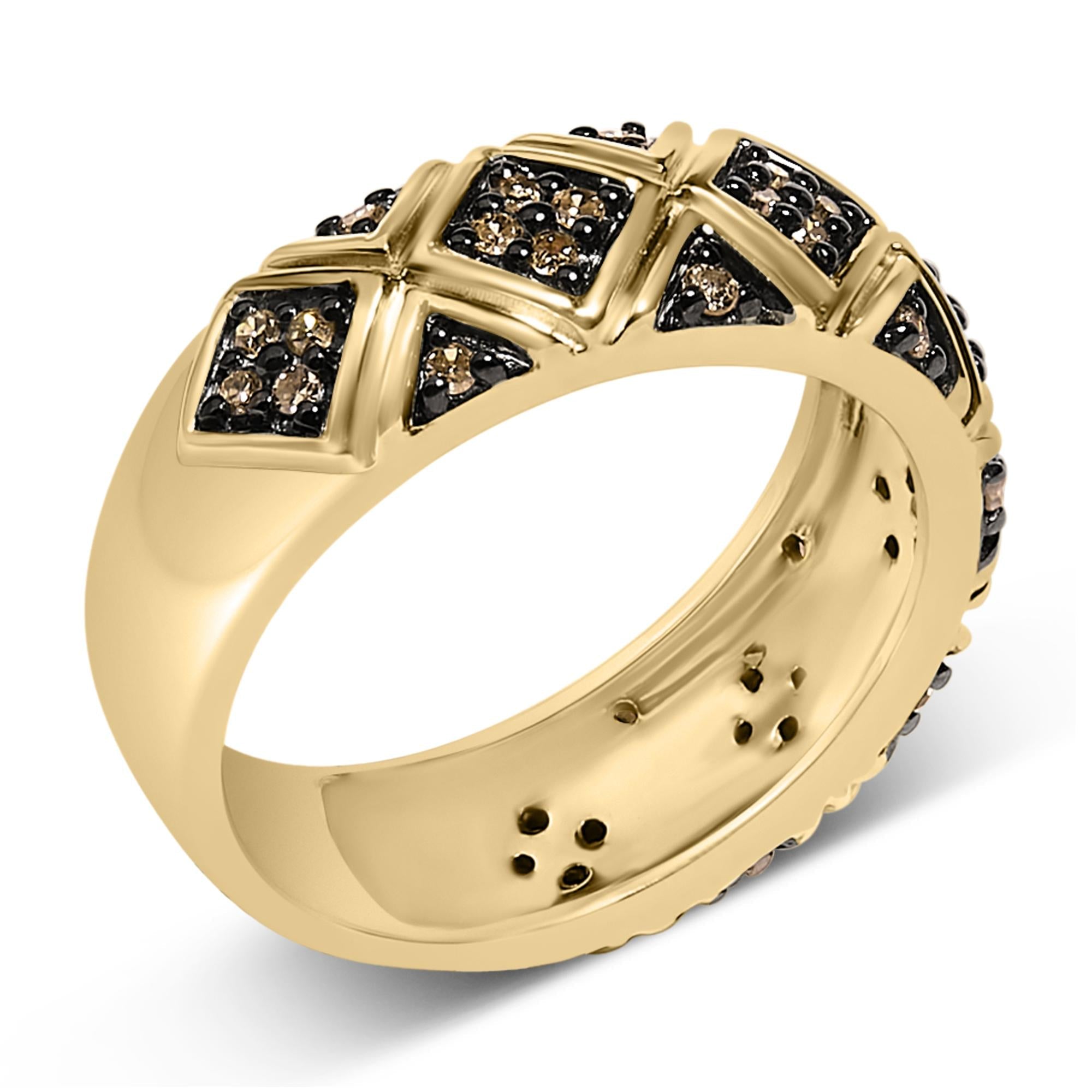 Gold ring with black and brown diamond pattern in square settings, polished finish.