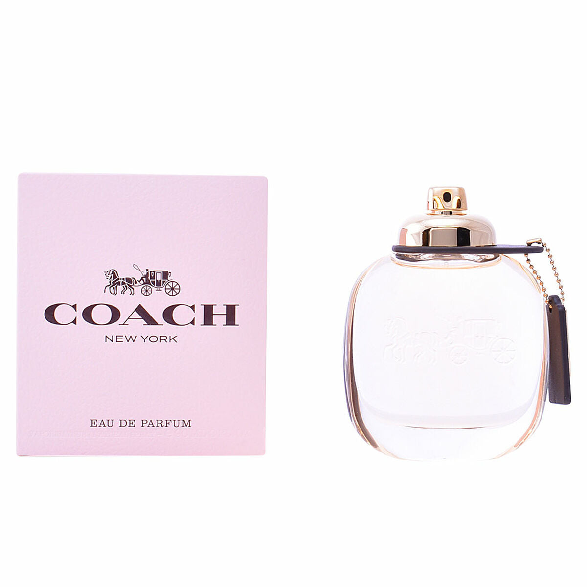 Pink box with "Coach New York" text beside a clear perfume bottle with gold accents.