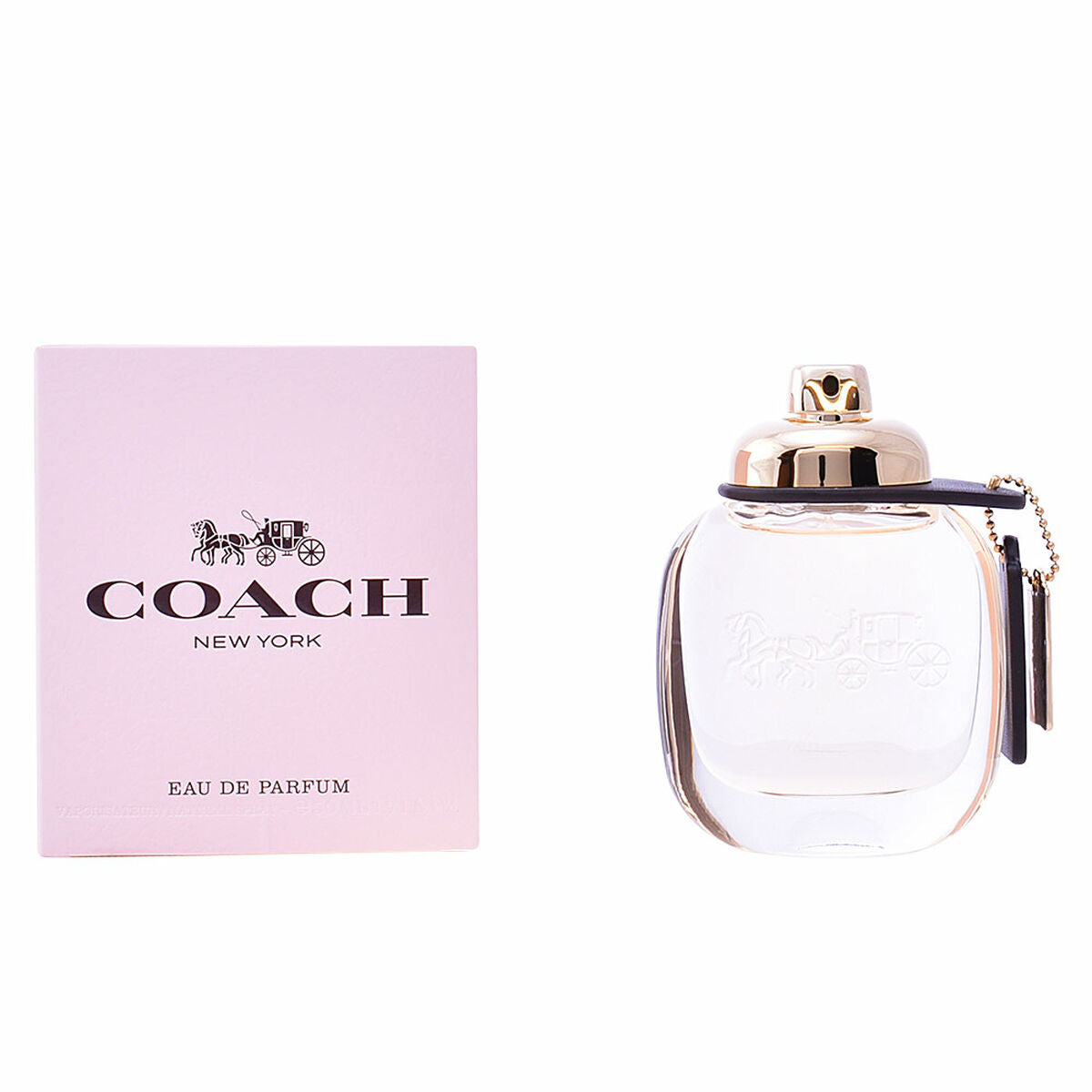 Pink perfume box with Coach logo and clear bottle with golden cap and embossed carriage.