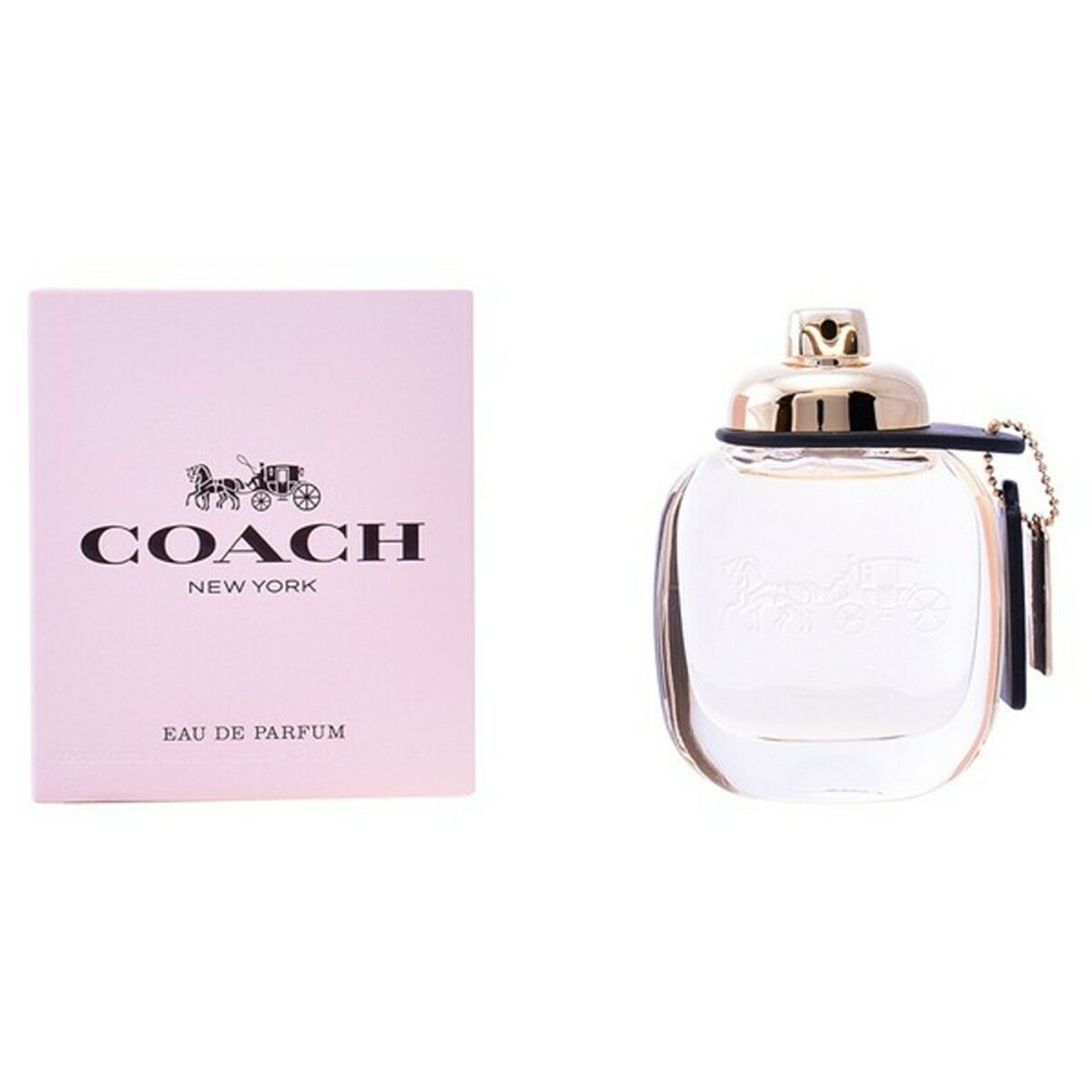 Perfume bottle with gold cap beside a pastel pink box, both with carriage logo and black text.