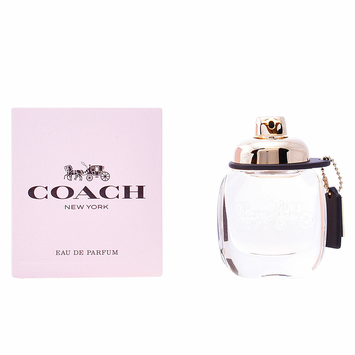 Perfume bottle with gold cap next to a pink box labeled "Coach New York Eau de Parfum".