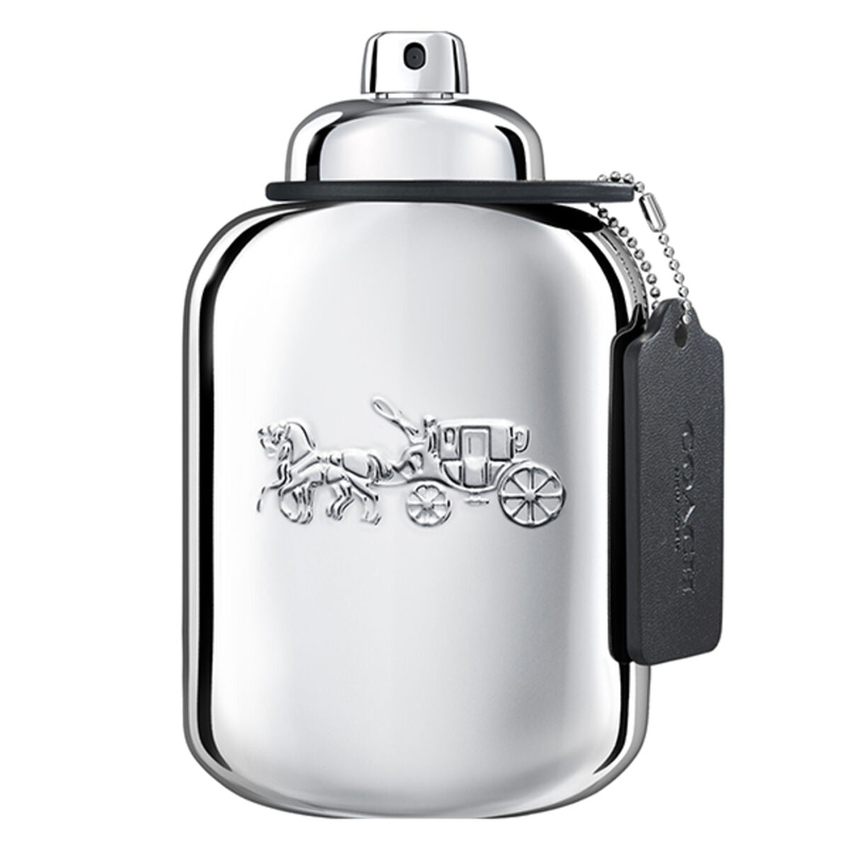 Silver bottle with embossed horse and carriage design and a black tag on the side.