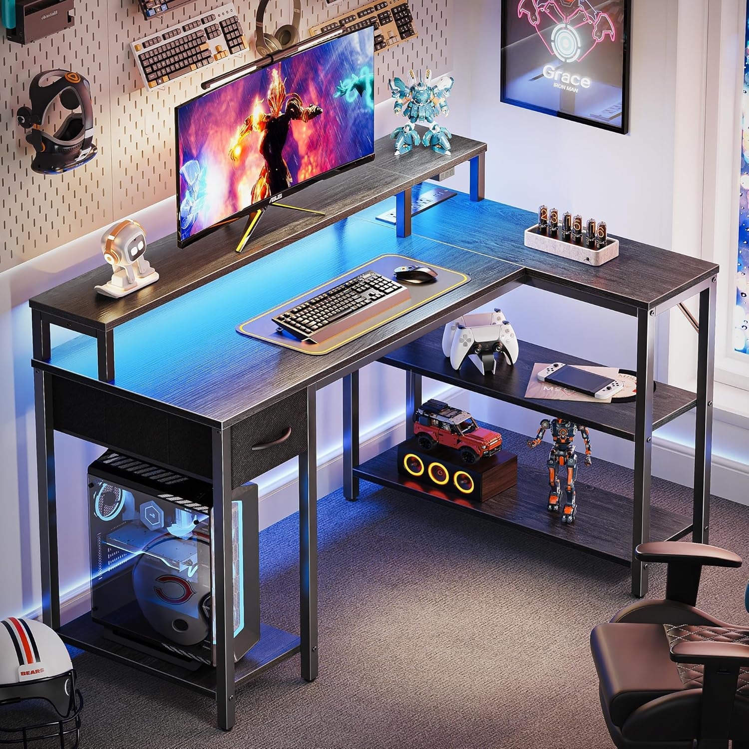 47 Inch L Shaped Desk With Led Lights And Power Outlets Grey-1