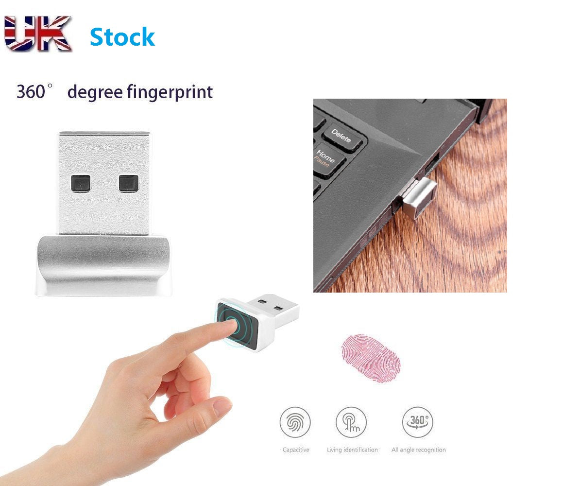 Silver USB fingerprint reader; inserted in laptop; finger touching scanner; graphics below.