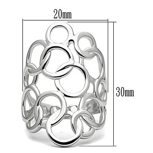 Ornate silver ring with interlocking circles; dimensions: 20mm width, 30mm height.