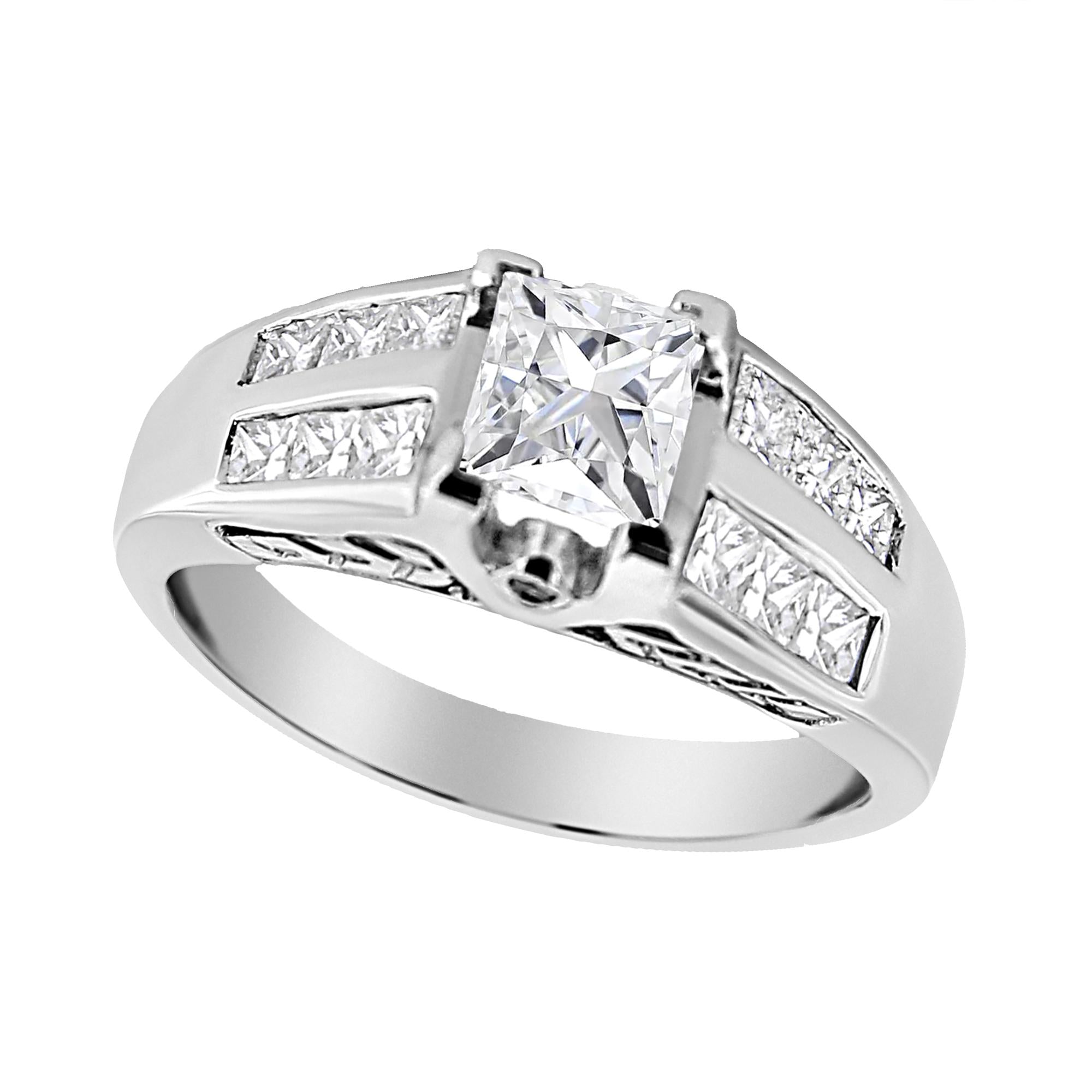 Silver ring with square diamond, side stones in channel setting, on white background.