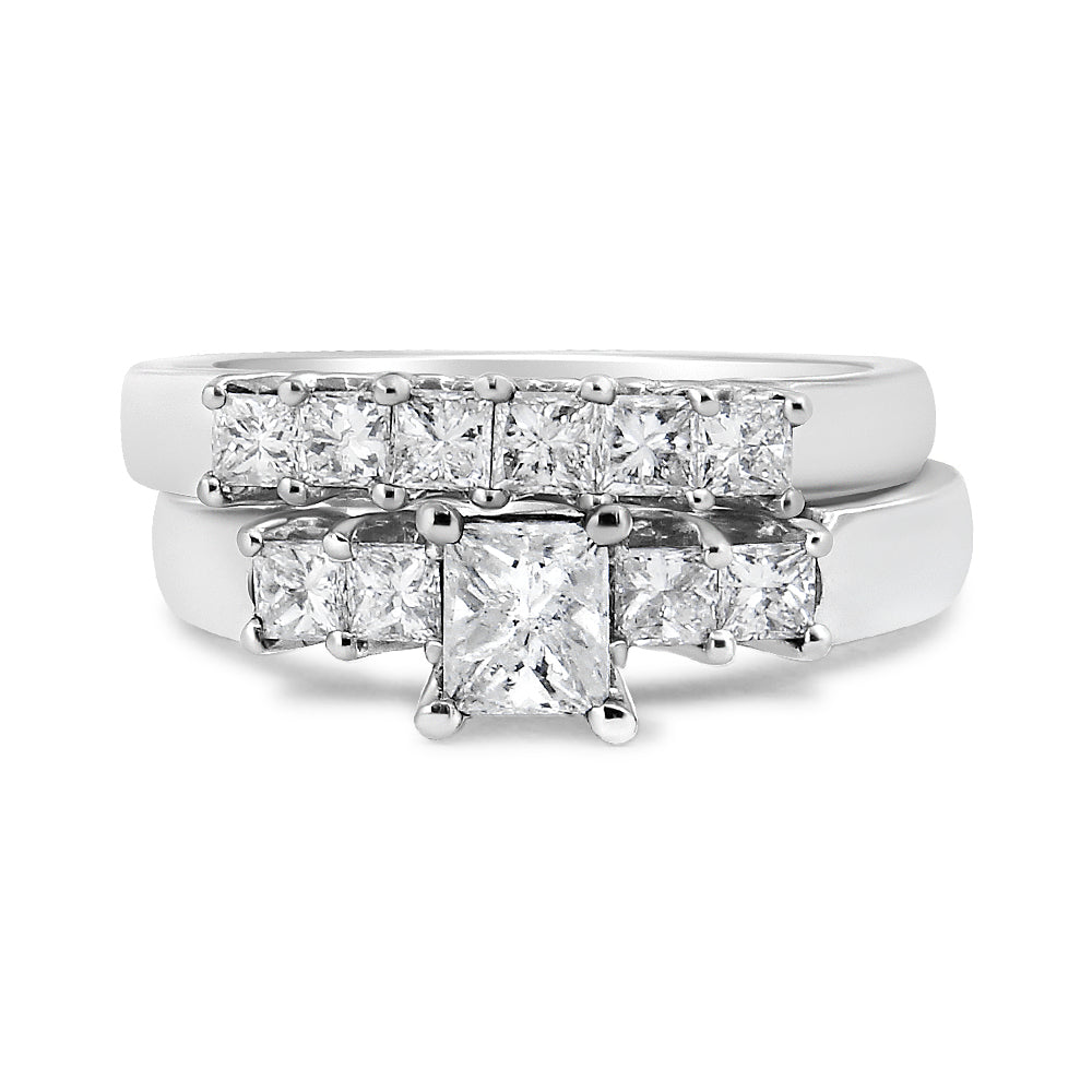 Two silver rings with square-cut diamonds, each featuring a central larger diamond flanked by smaller stones.