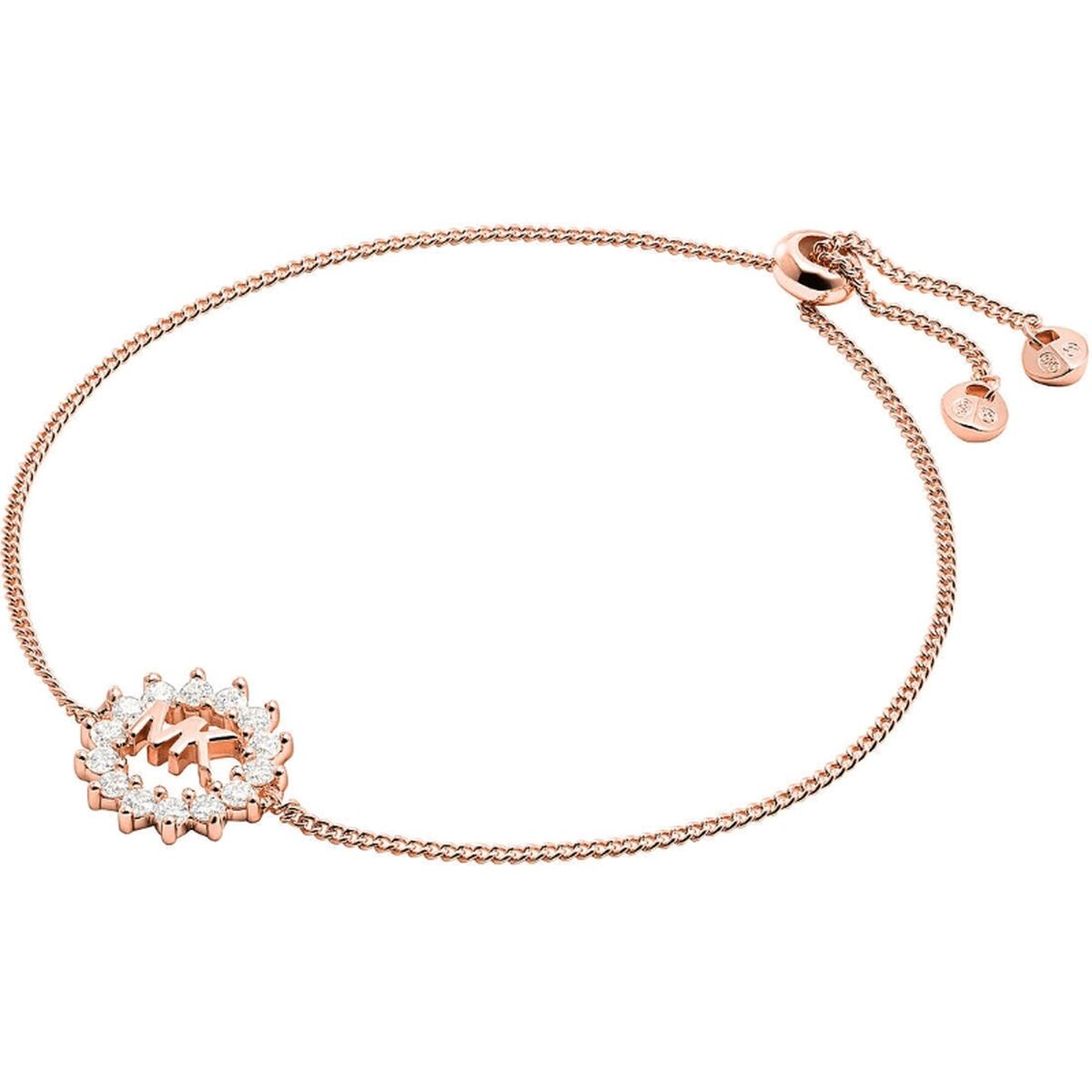 Rose gold bracelet with circular crystal pendant and adjustable chain, featuring small charm details.