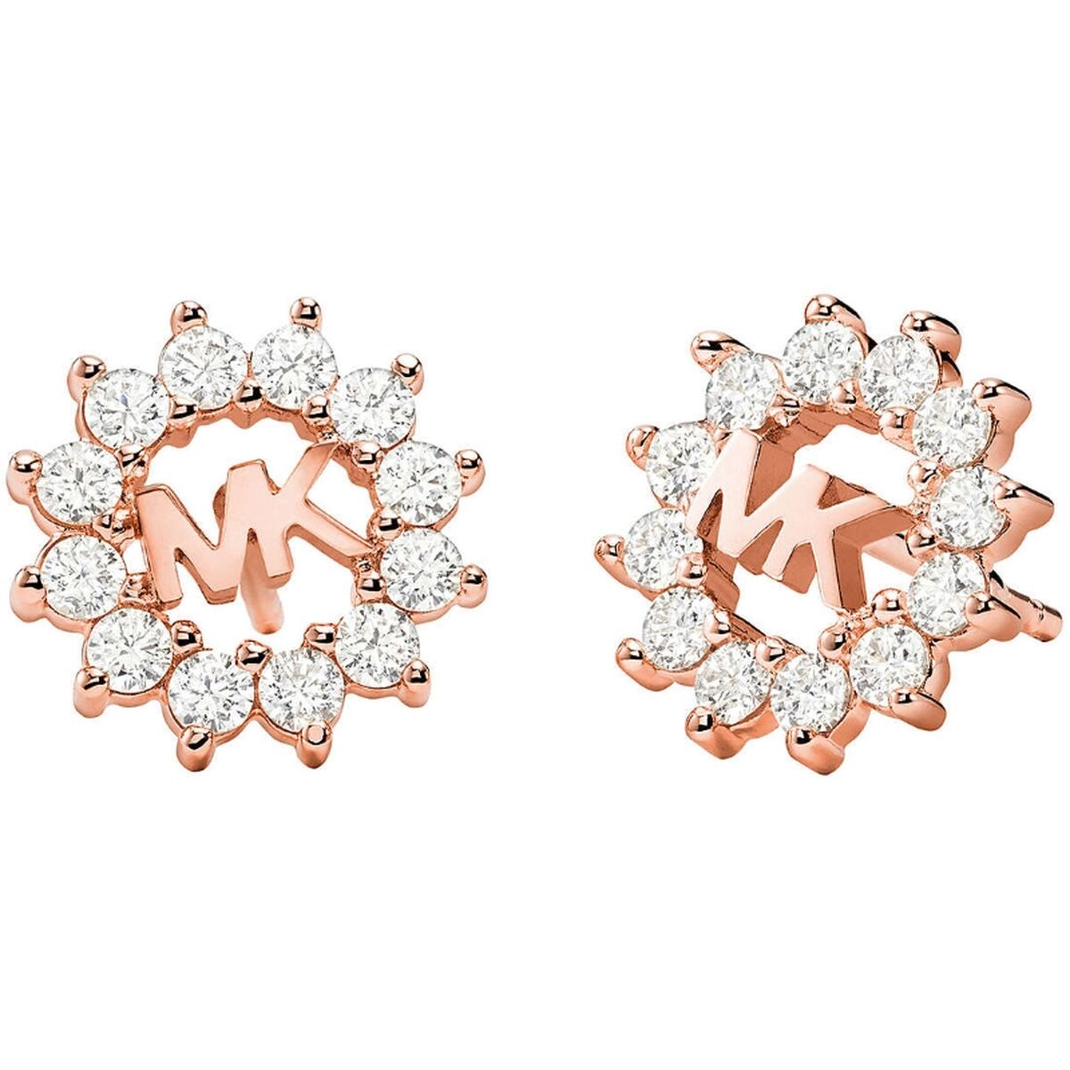 Rose gold earrings with circle of sparkling gems and “MK” initials in the center.