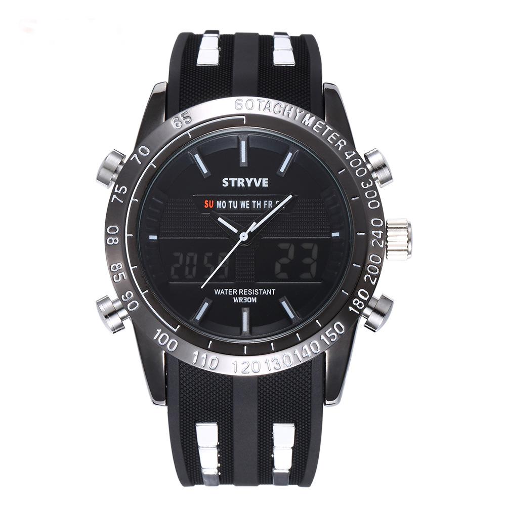 Black and silver digital-analog watch with day display, tachymeter, and black strap.