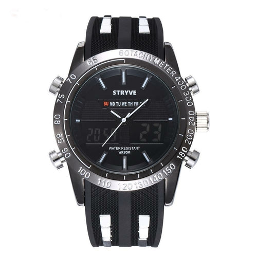 Black and silver wristwatch with day display, tachymeter scale, and black strap.