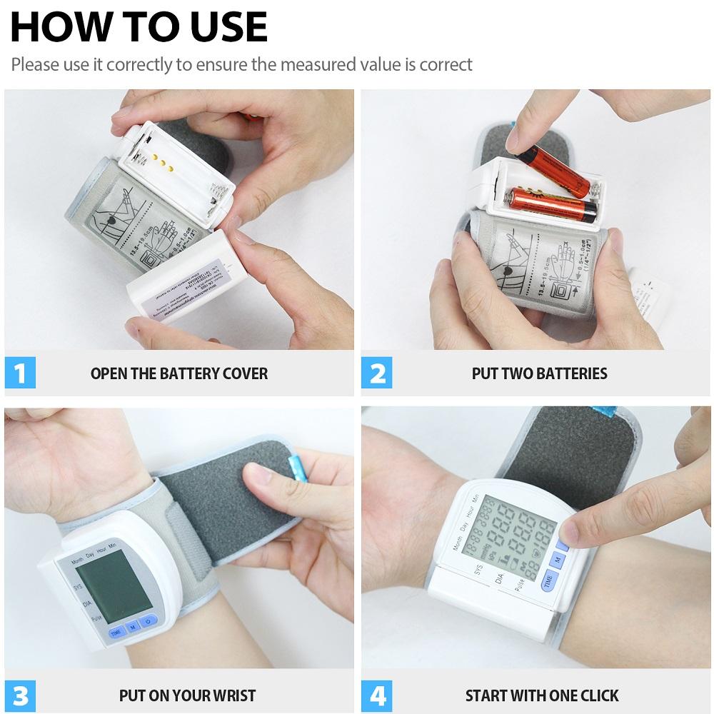 Four-step guide illustrating putting batteries in and wearing a wrist blood pressure monitor.