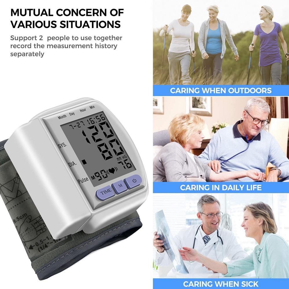 Blood pressure monitor with display; elderly care in outdoor, daily life, and medical settings.
