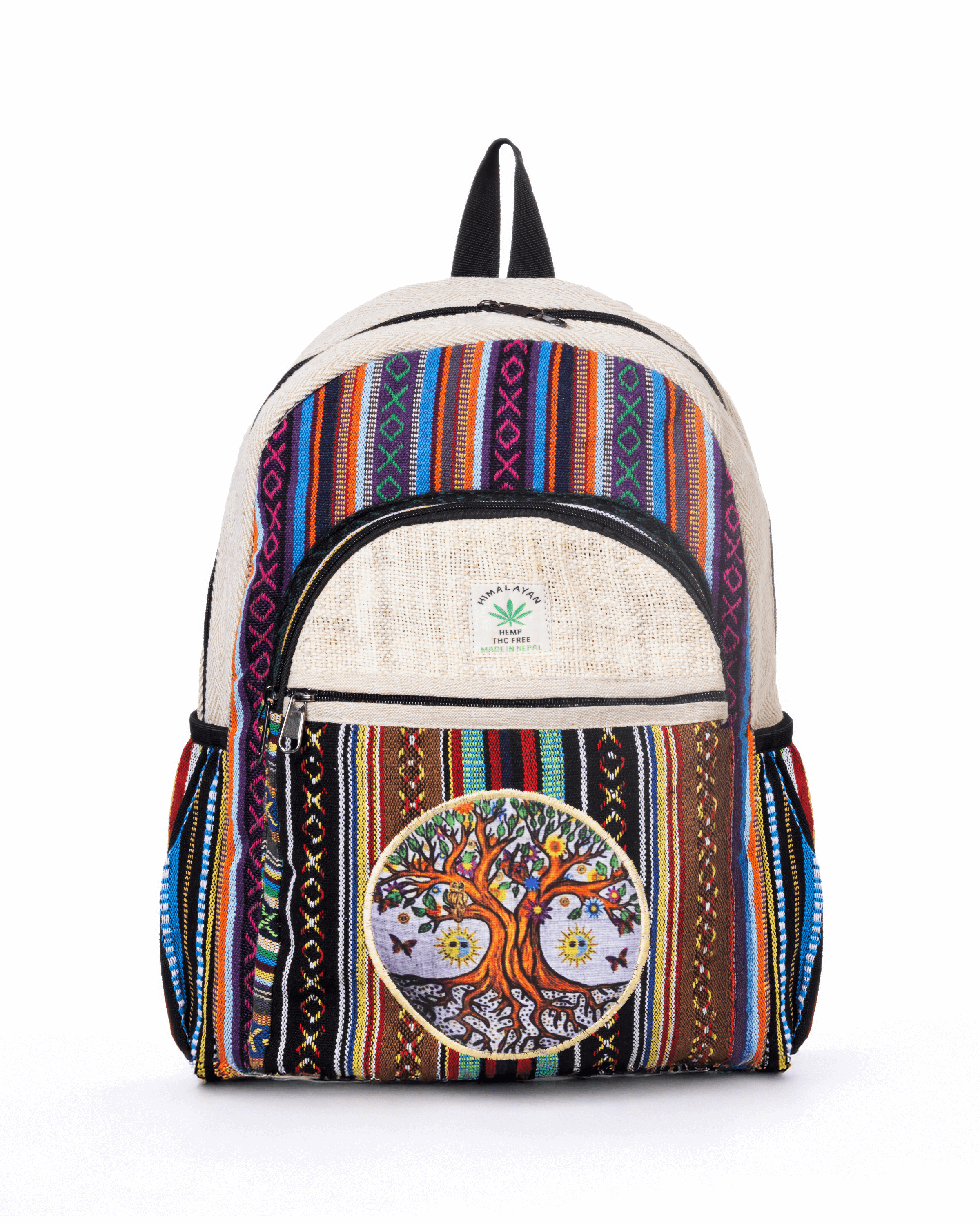 Colorful backpack with woven stripes, black zipper, and a tree of life design on the front pocket.