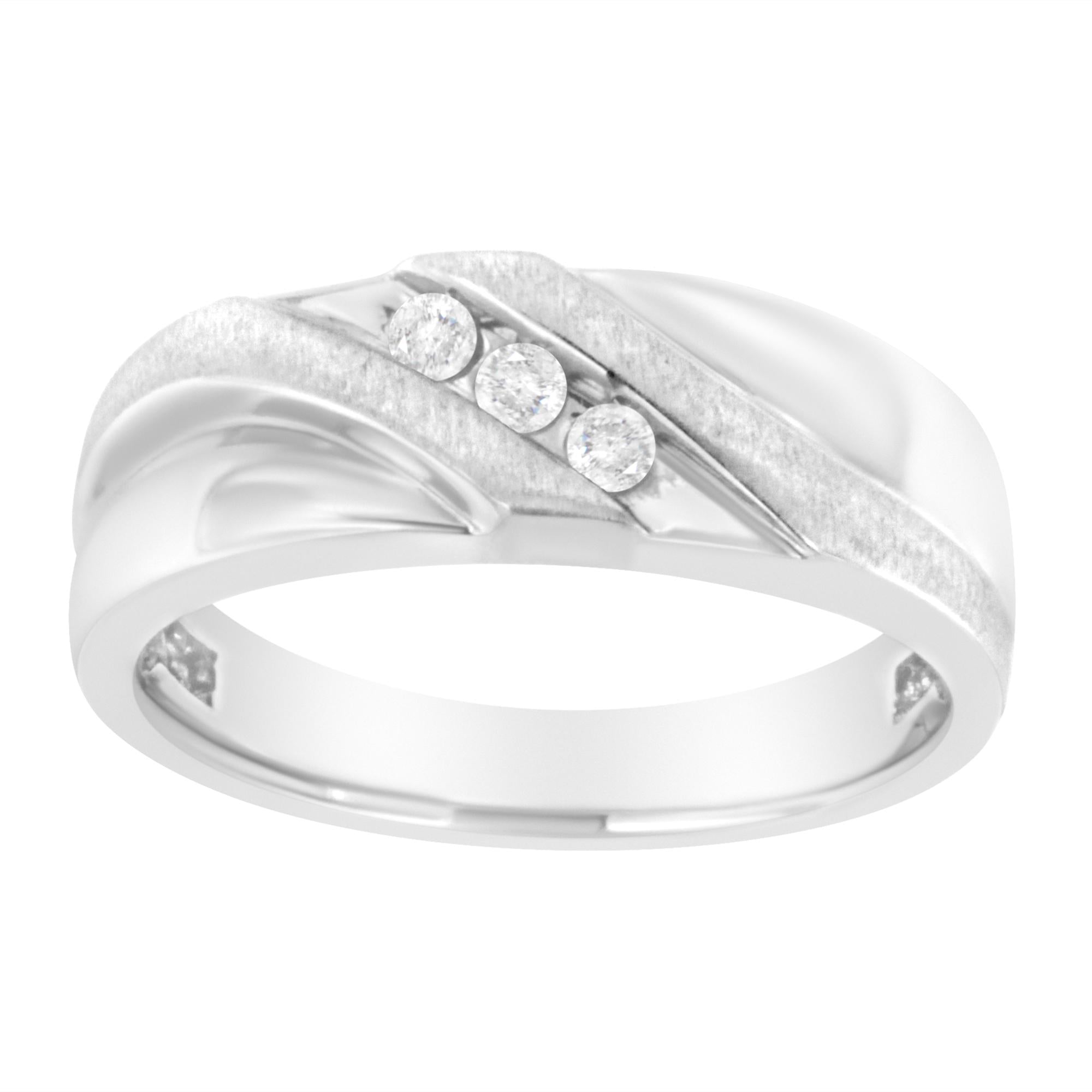 Silver ring with three small diamonds in a diagonal setting, featuring a polished and brushed design.
