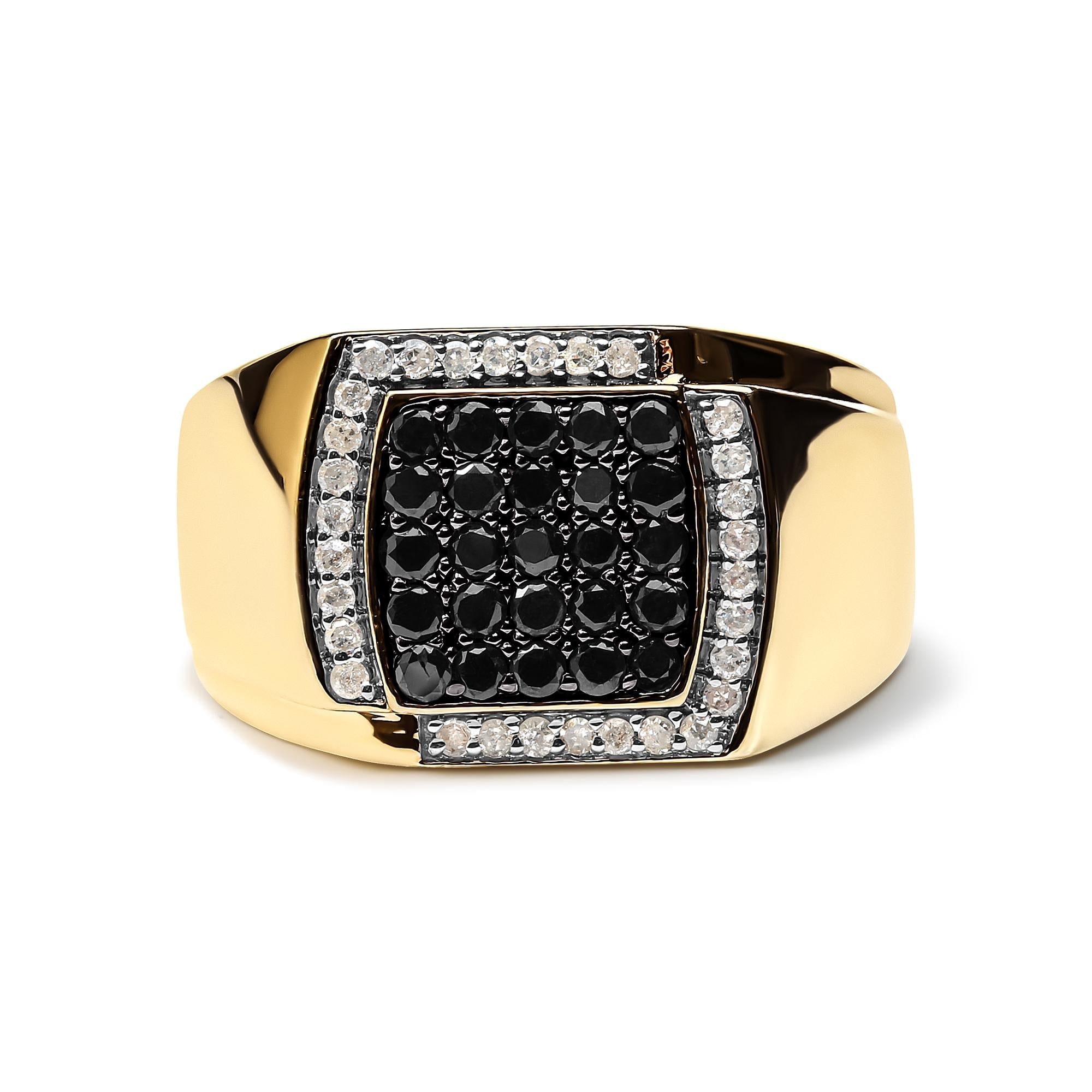 Gold ring with black gemstones set in a square, bordered by small clear crystals.