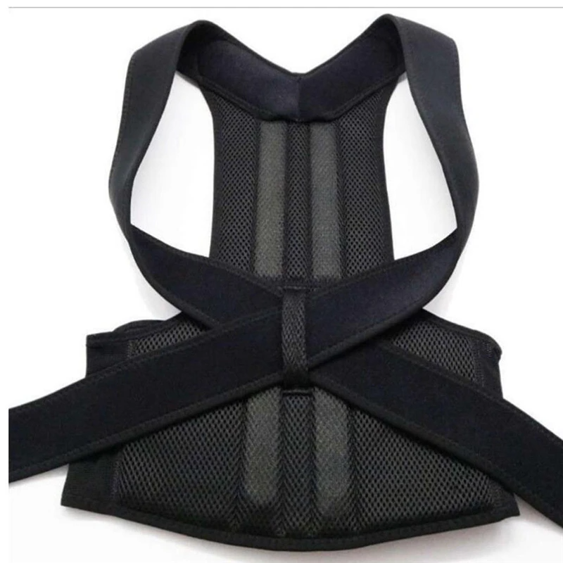 Black posture corrector with mesh fabric and adjustable straps, creating an X-shape from the back.