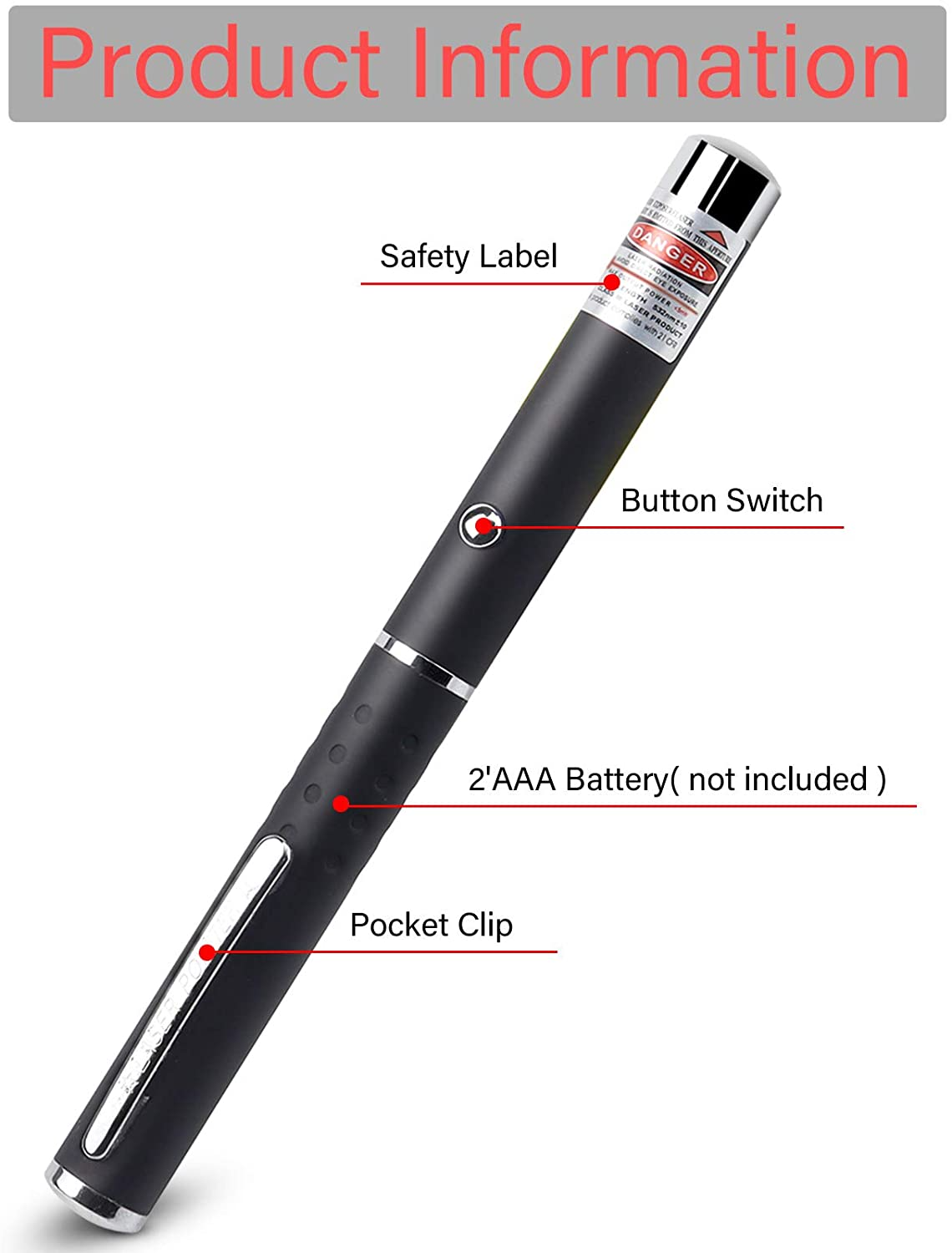 Black laser pointer with silver details, button switch, safety label, and pocket clip.