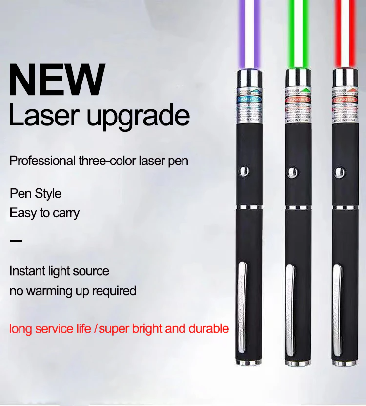 Three black laser pens emit purple, green, and red beams. Text highlights features.