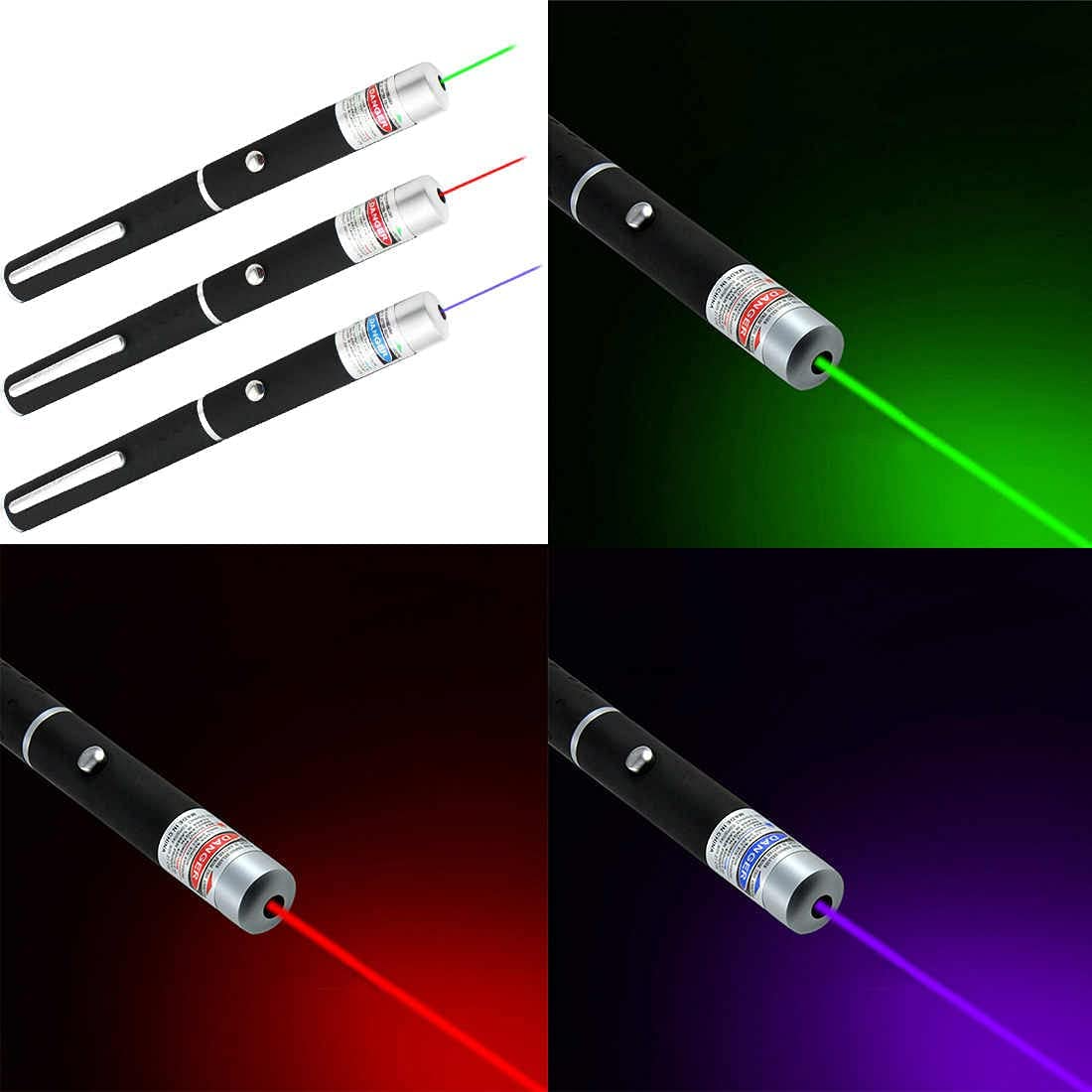 Three laser pointers with beams: green, red, and purple on dark backgrounds. Black and silver design.